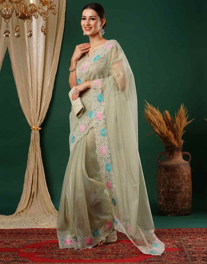 Dusty Green Net Embroidery Embroidery Saree