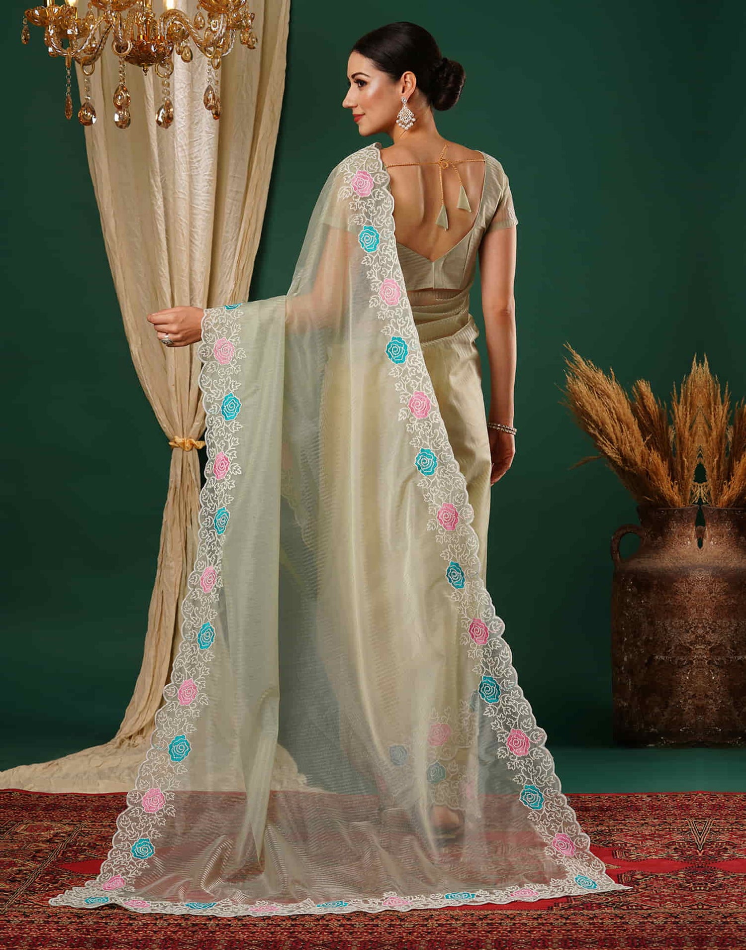 Dusty Green Net Embroidery Embroidery Saree