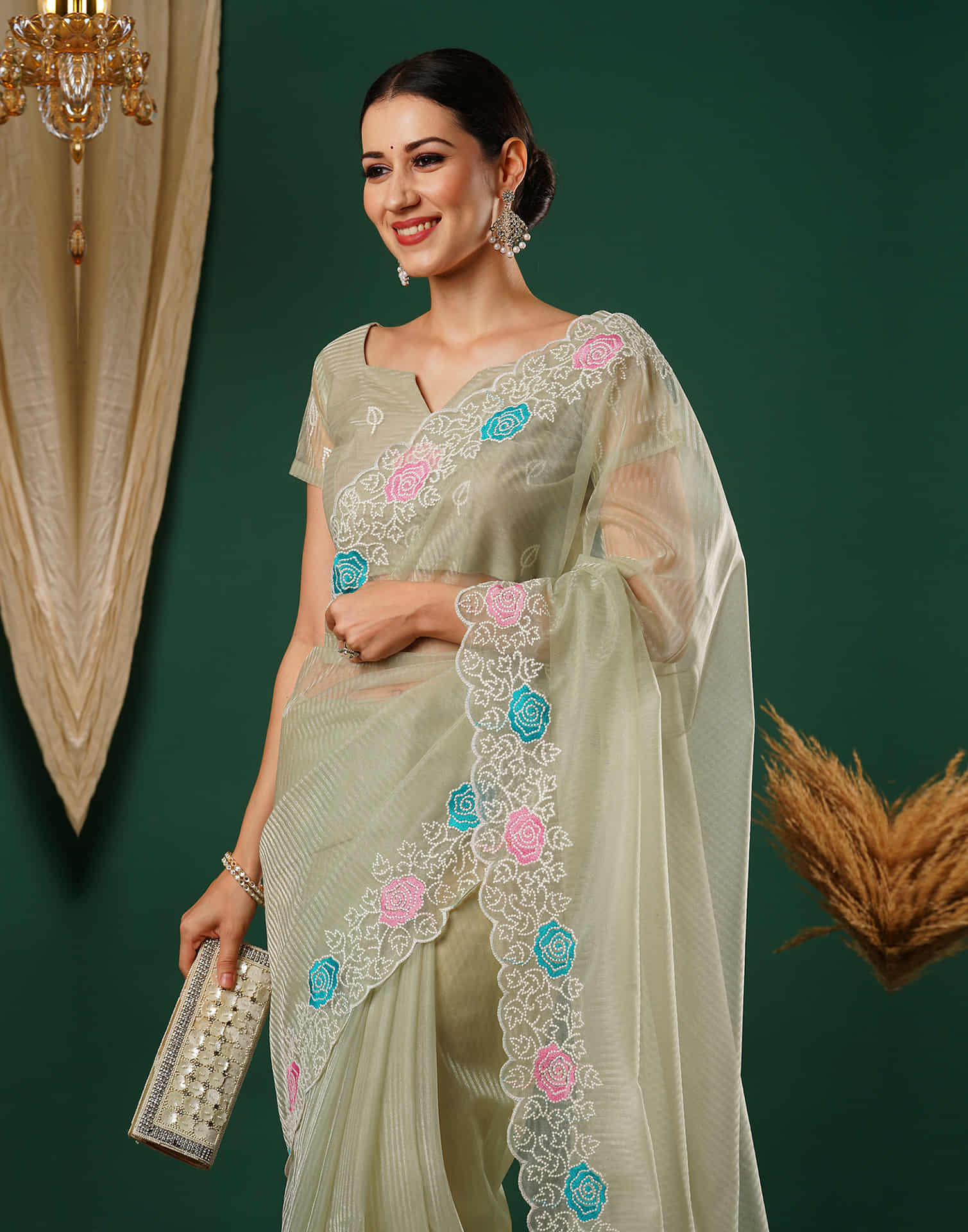 Dusty Green Net Embroidery Embroidery Saree