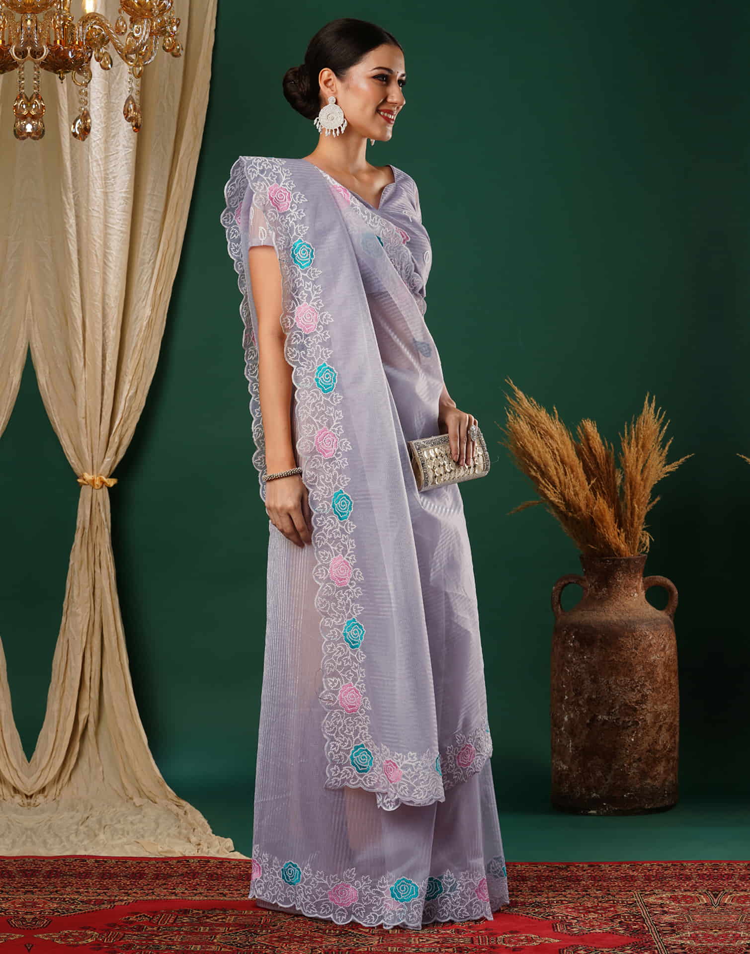 Lavender Net Embroidery Embroidery Saree