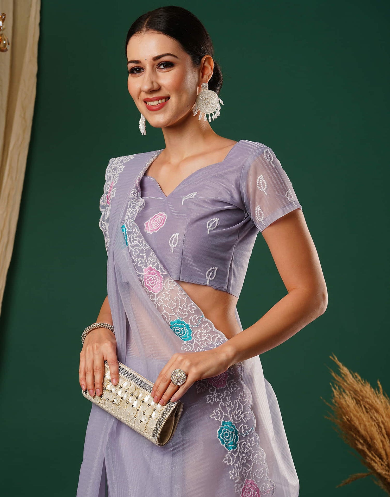 Lavender Net Embroidery Embroidery Saree