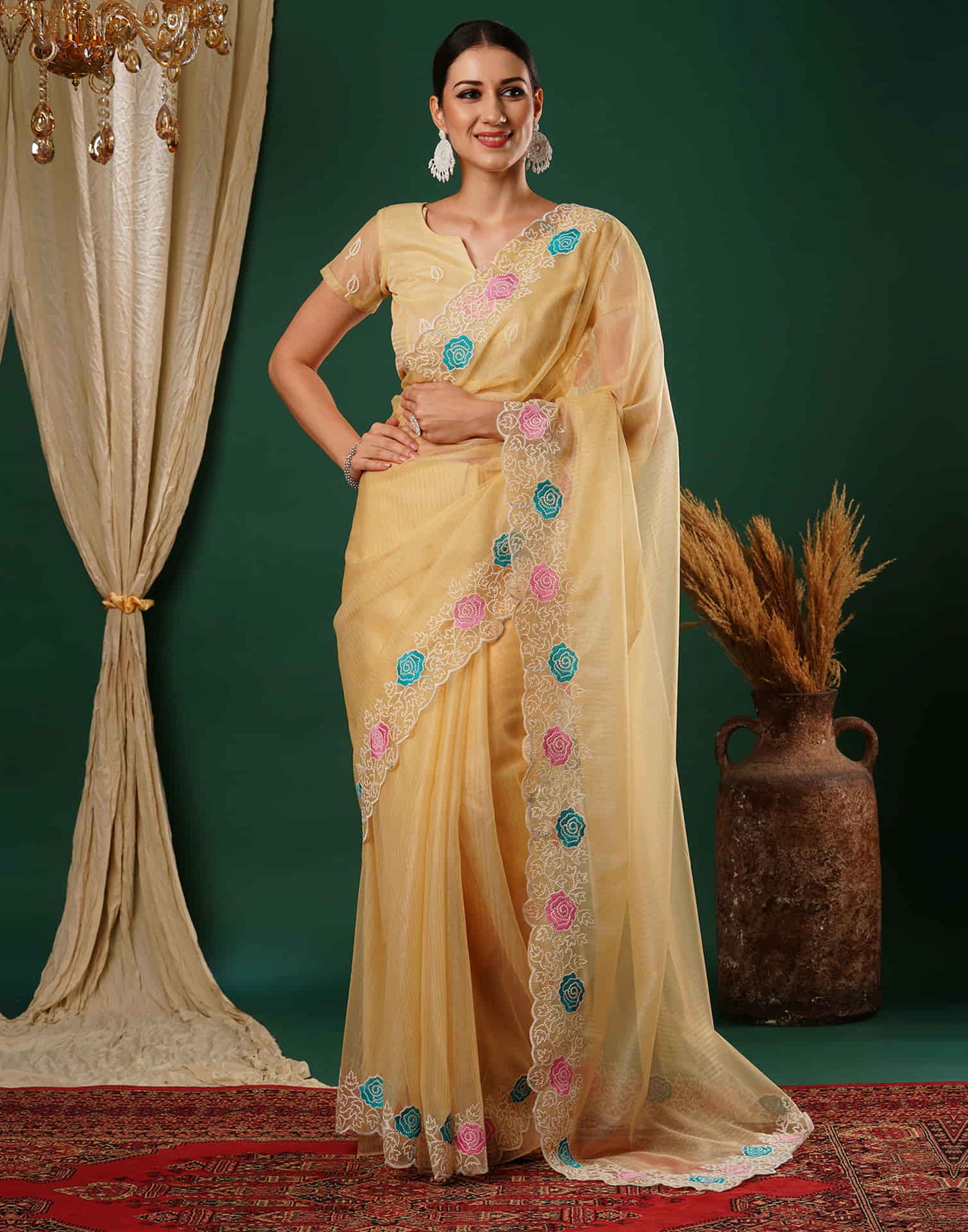 Pastel Yellow Net Embroidery Embroidery Saree