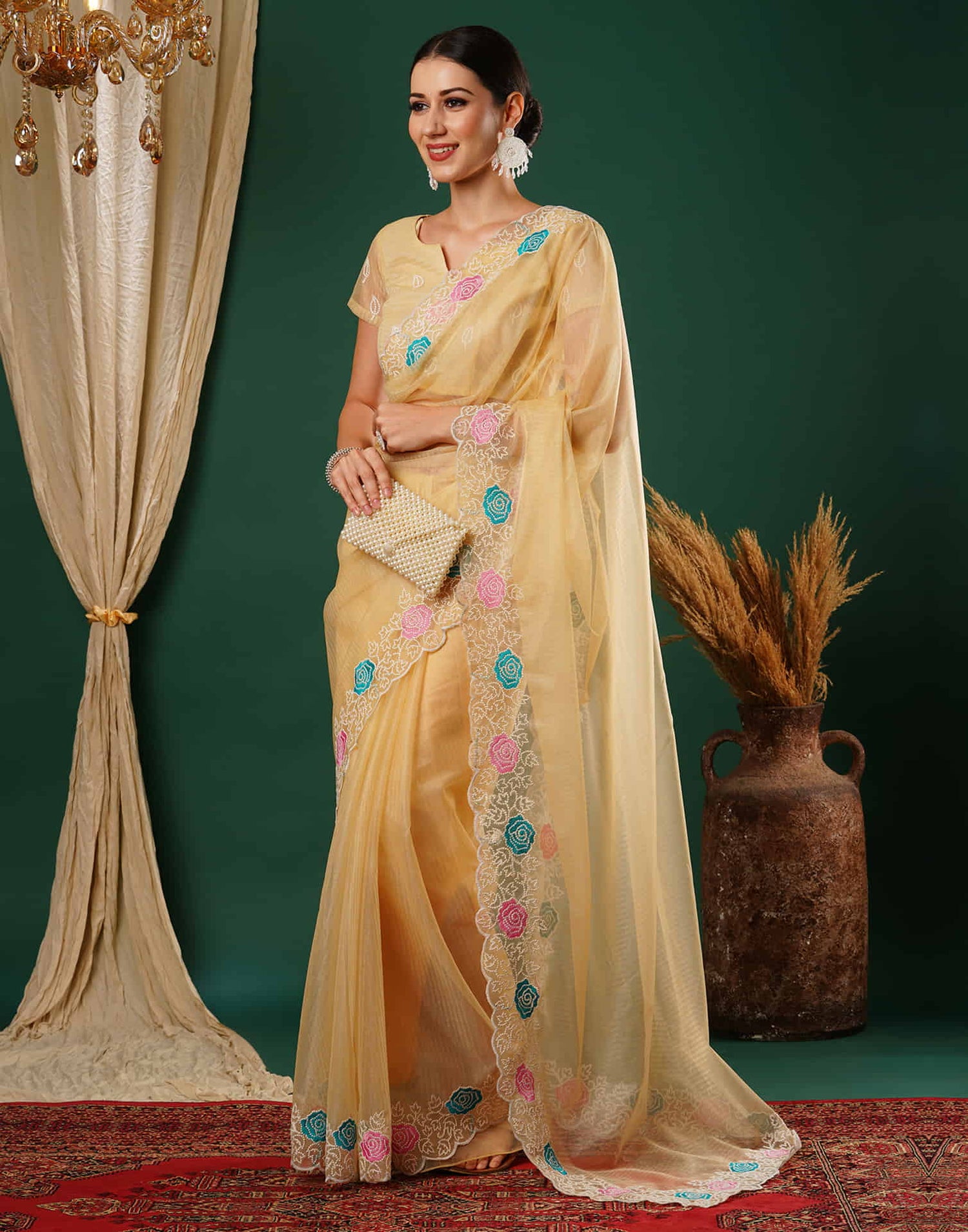 Pastel Yellow Net Embroidery Embroidery Saree