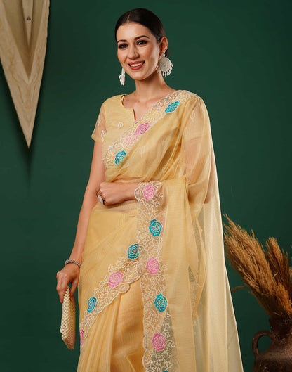 Pastel Yellow Net Embroidery Embroidery Saree