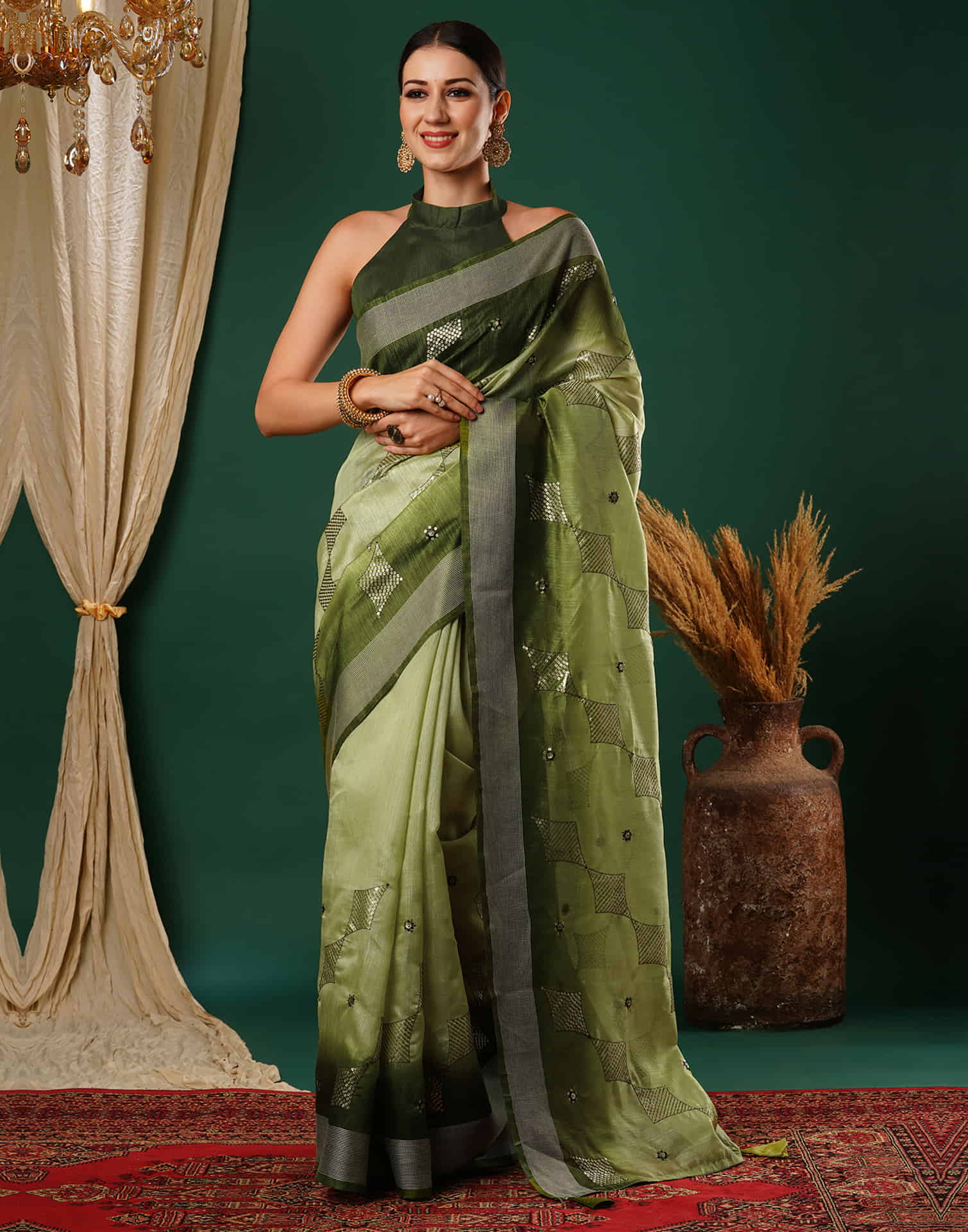 Light Green Silk Embroidery Embroidery Saree