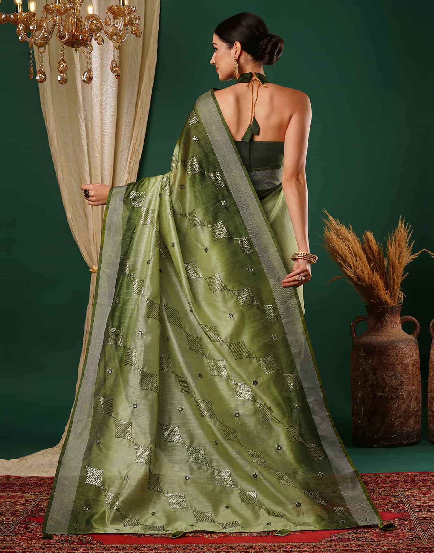 Light Green Silk Embroidery Embroidery Saree