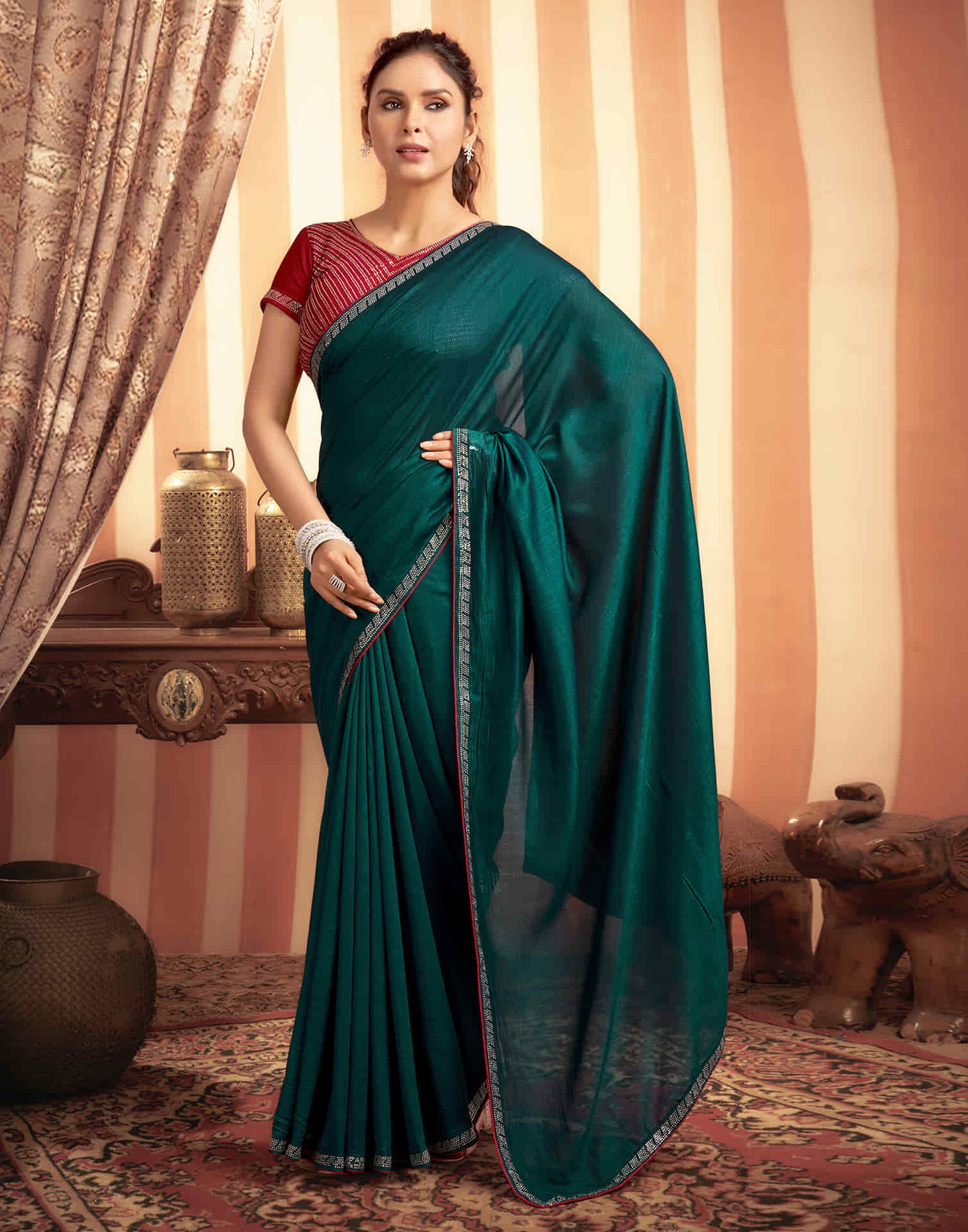 Rama Green Stone Work  Embellished Silk Saree