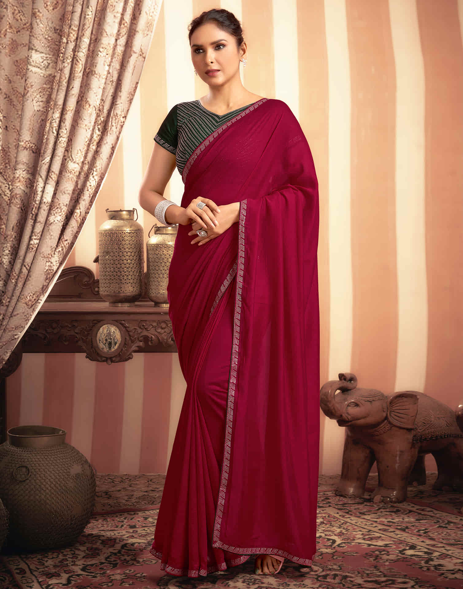 Cherry Red Stone Work  Embellished Silk Saree