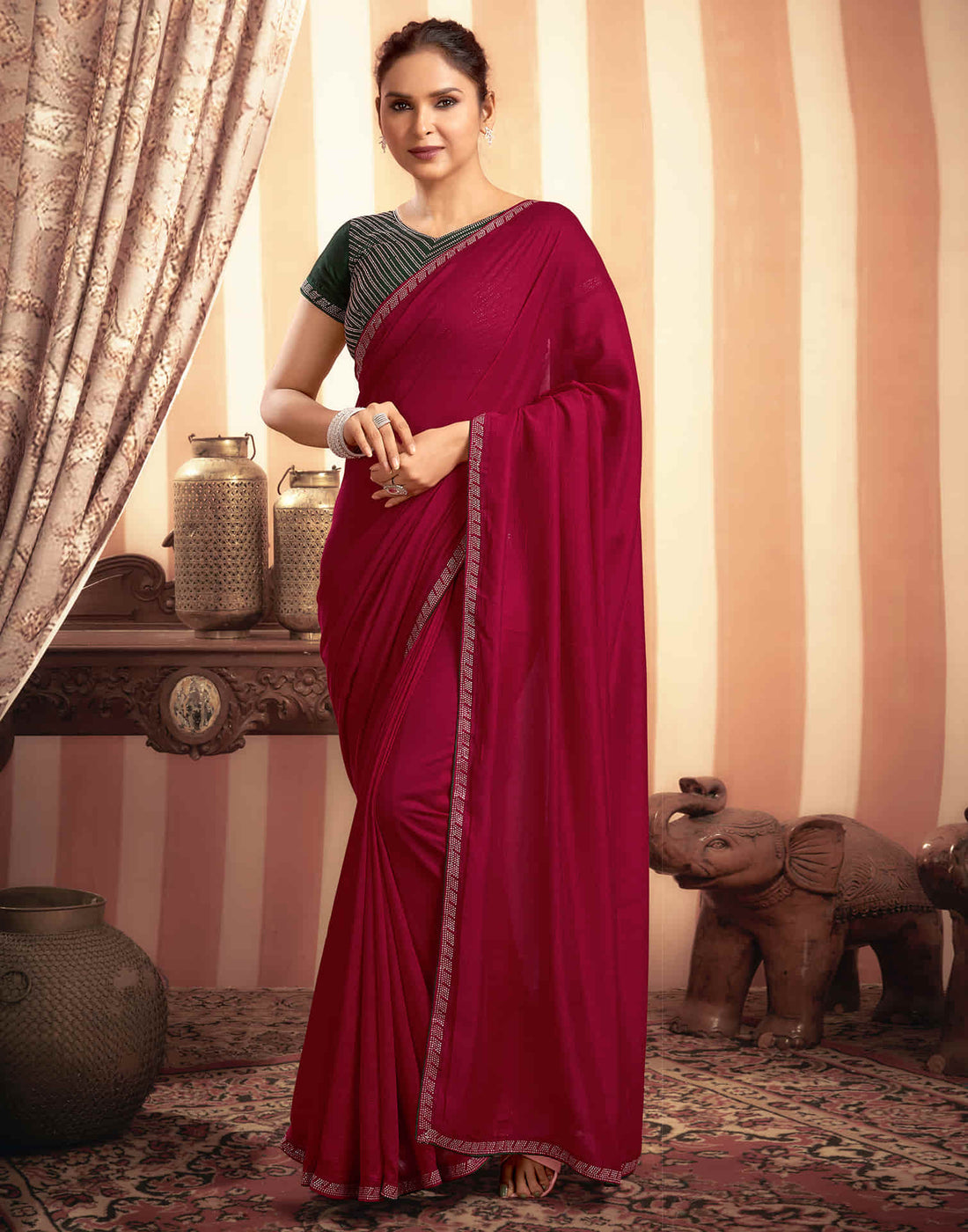 Cherry Red Stone Work  Embellished Silk Saree