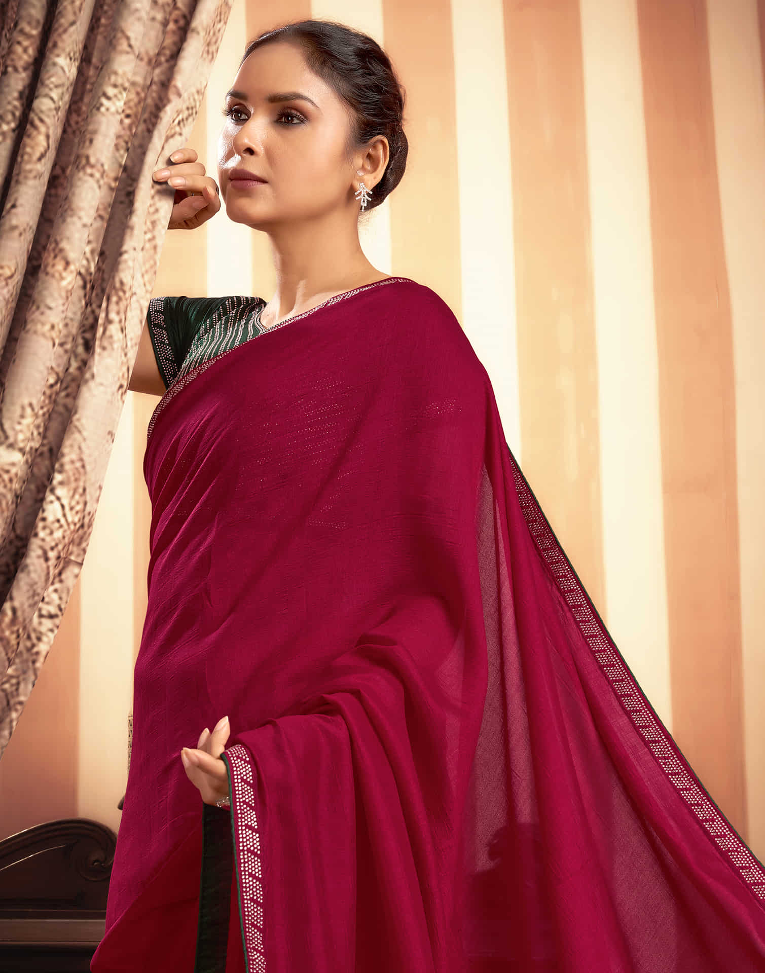 Cherry Red Stone Work  Embellished Silk Saree