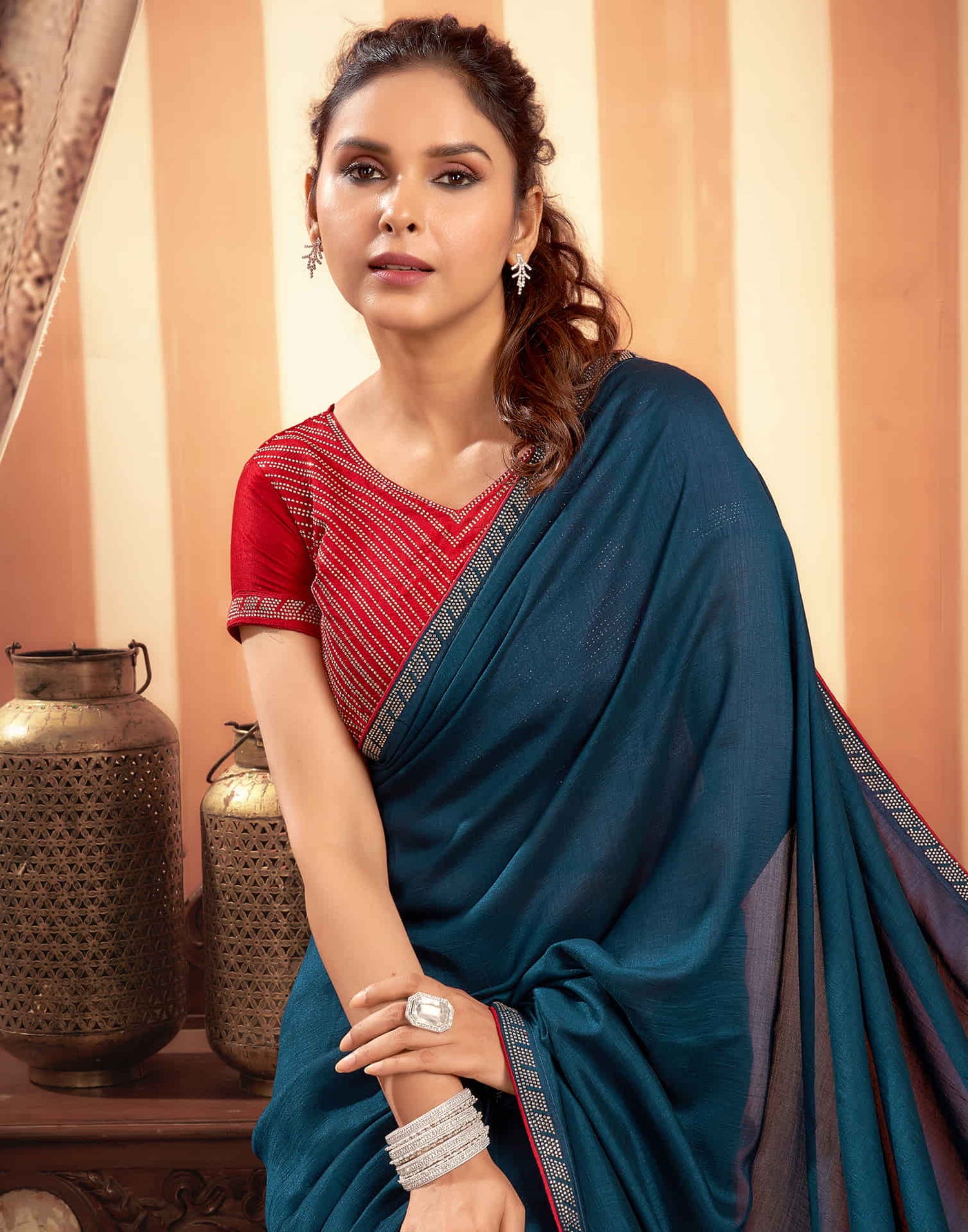 Rama Blue Stone Work  Embellished Silk Saree