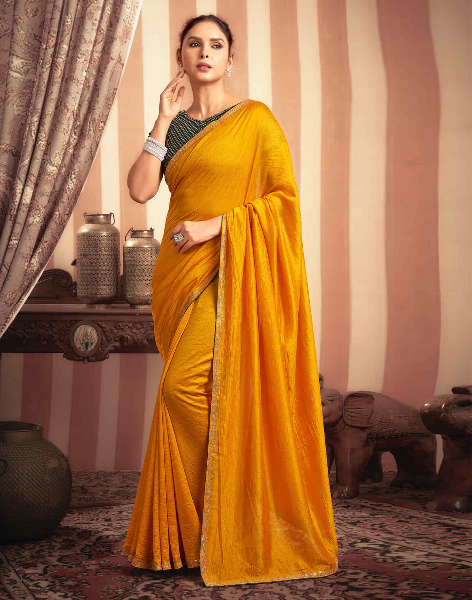 Turmeric Yellow Stone Work  Embellished Silk Saree