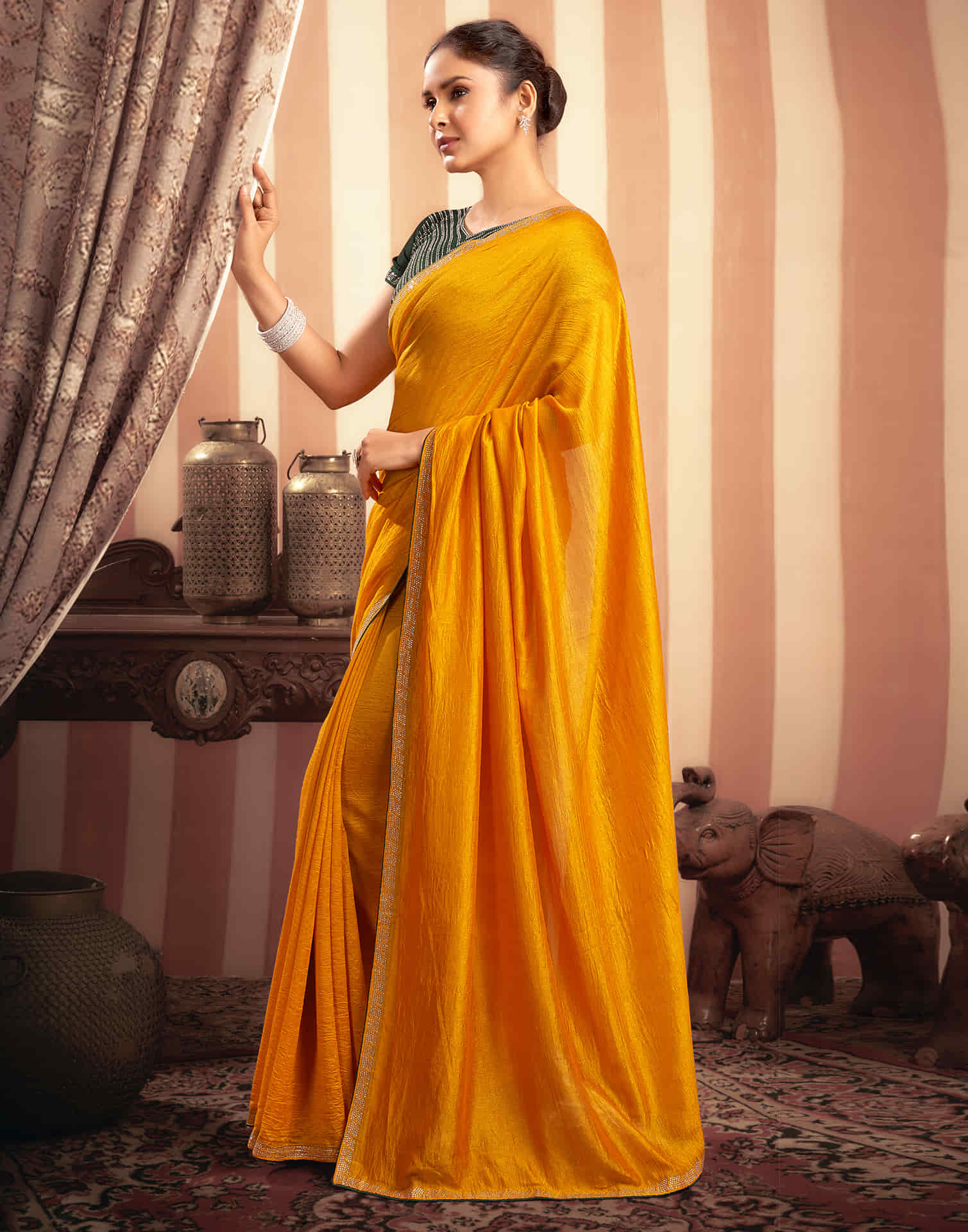 Turmeric Yellow Stone Work  Embellished Silk Saree