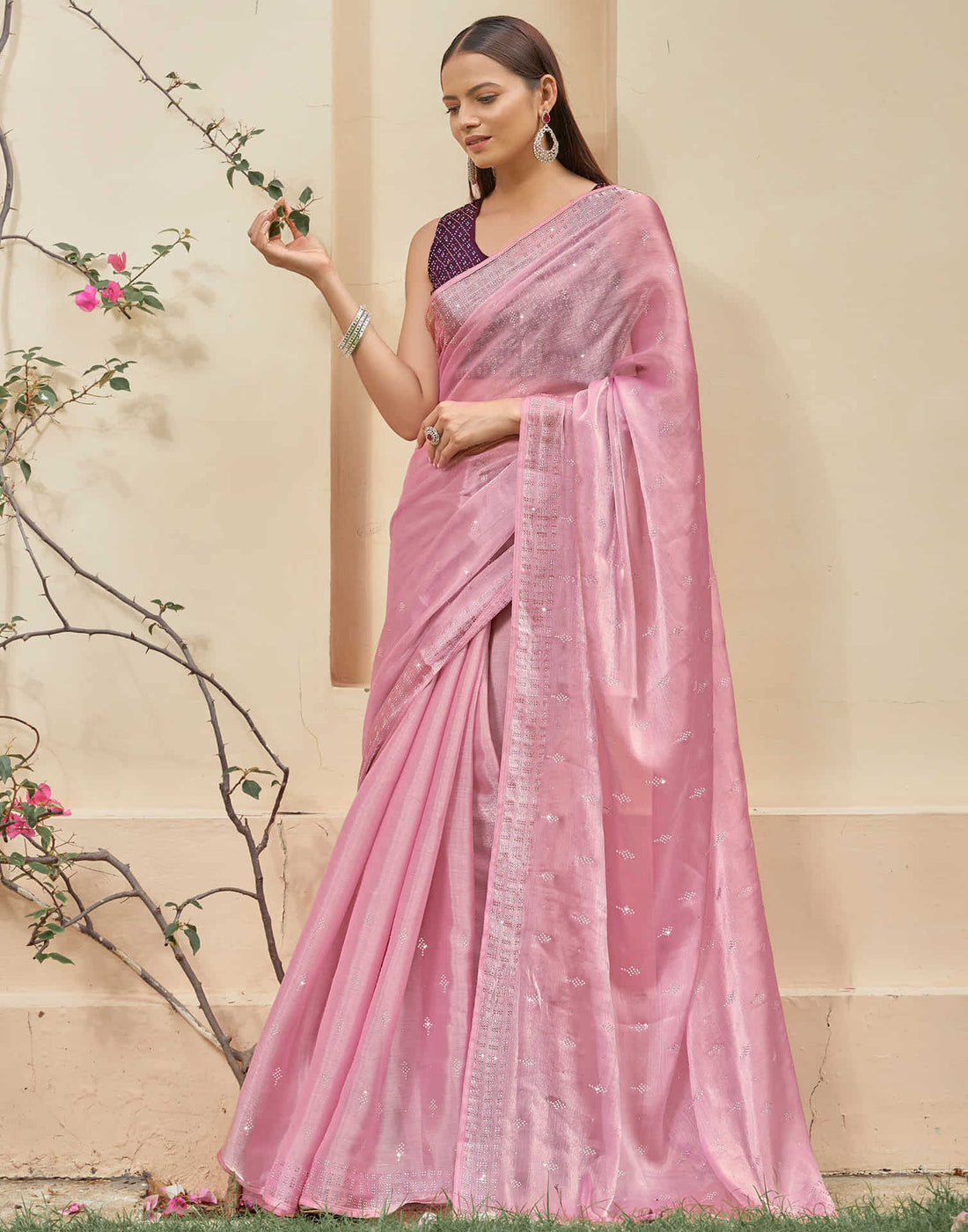 Light Pink Stone Work Embellished Silk Saree