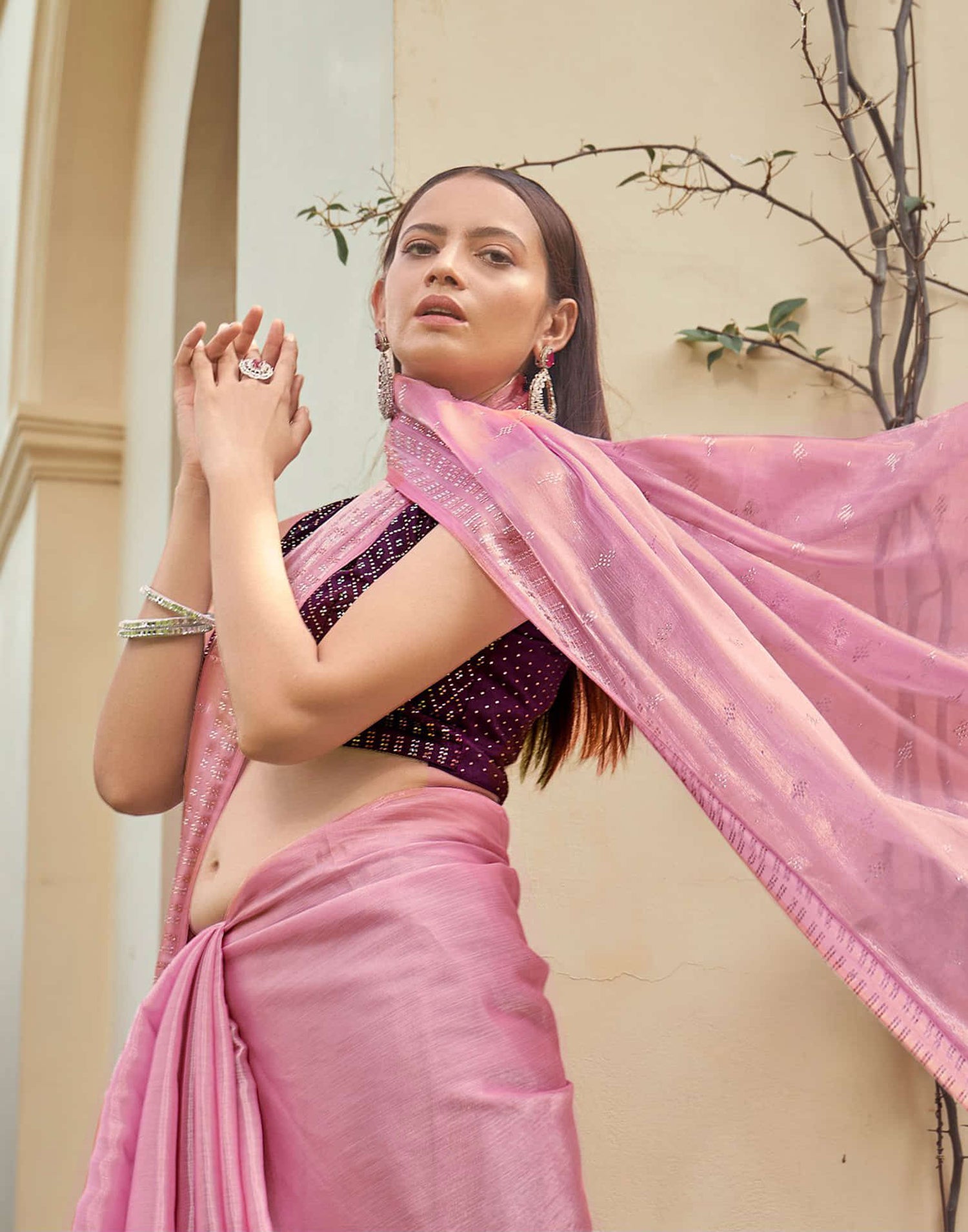 Light Pink Stone Work Embellished Silk Saree