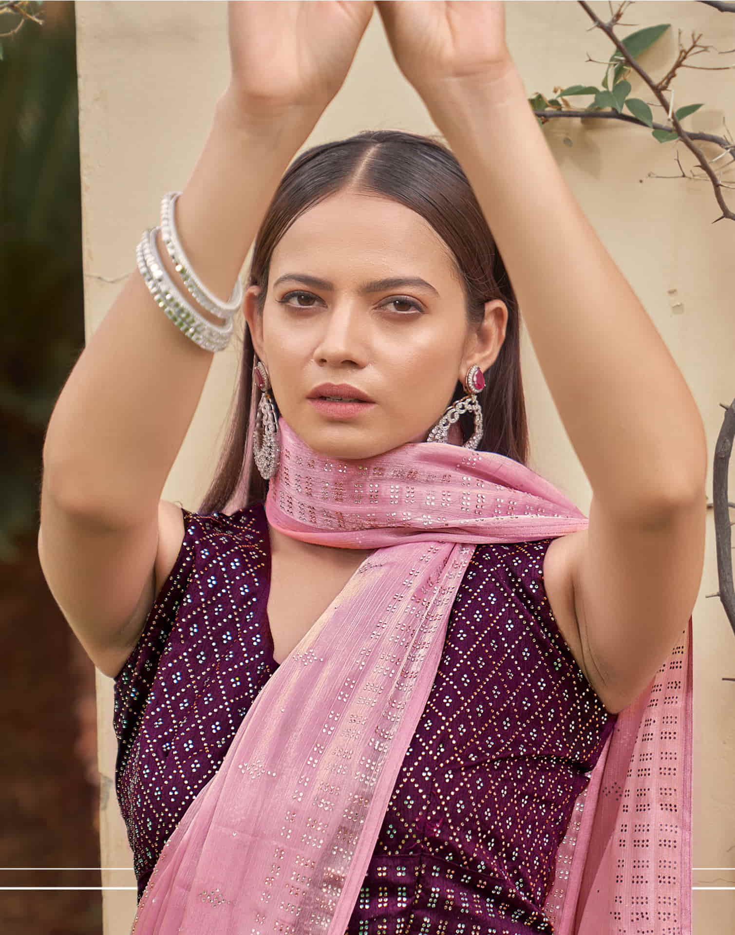 Light Pink Stone Work Embellished Silk Saree