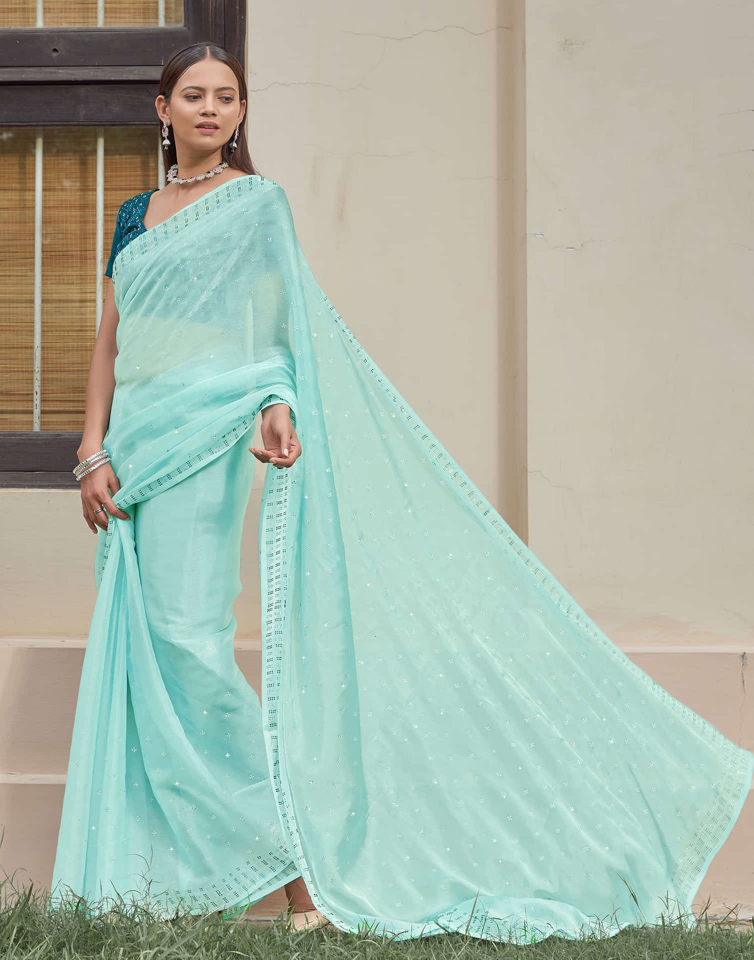 Light Turquoise Stone Work Embellished Silk Saree