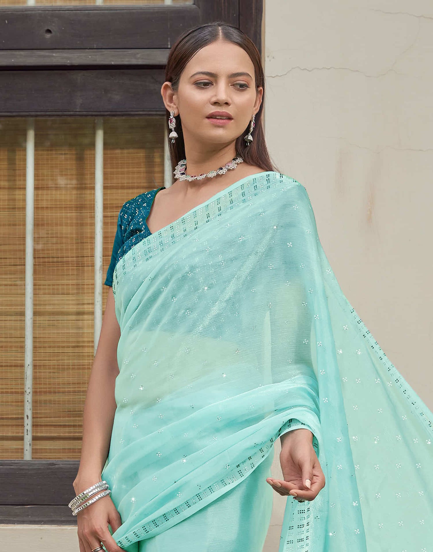 Light Turquoise Stone Work Embellished Silk Saree