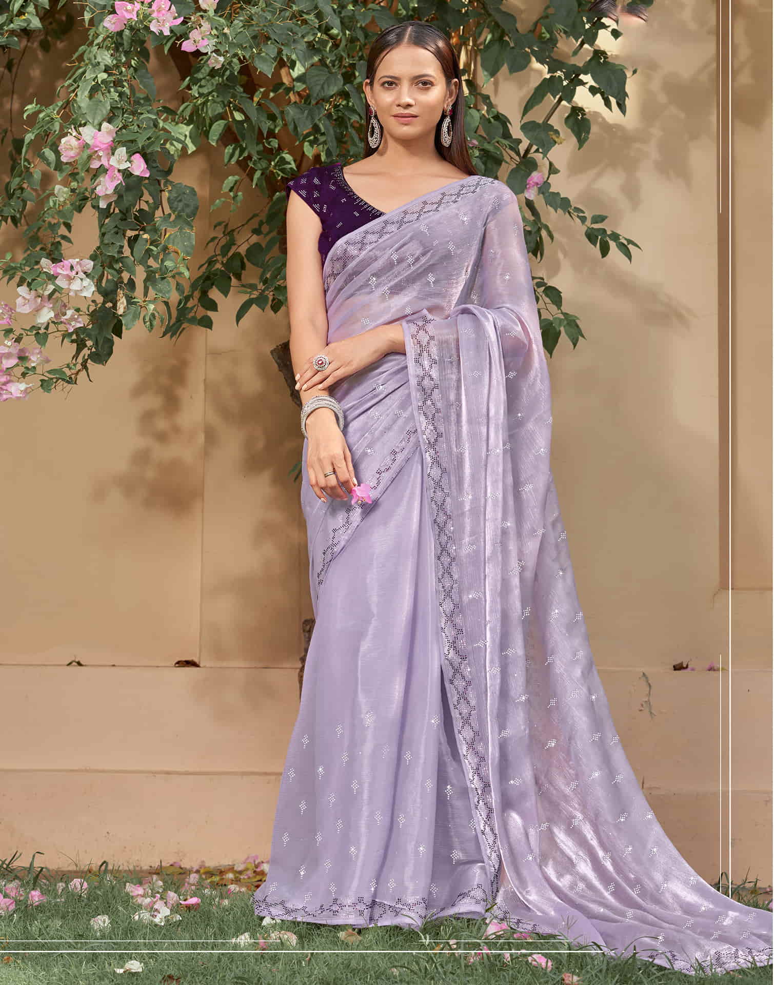 Lavender Stone Work Embellished Silk Saree