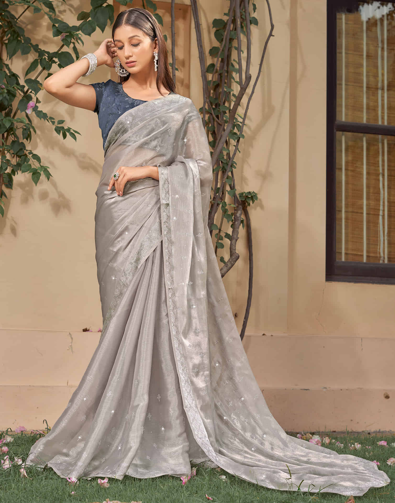 Grey Stone Work Embellished Silk Saree