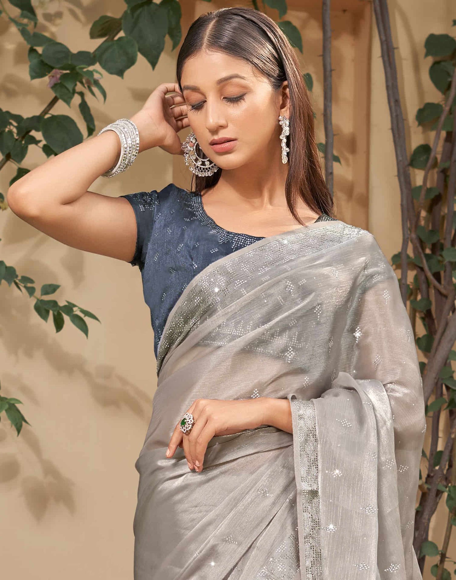 Grey Stone Work Embellished Silk Saree