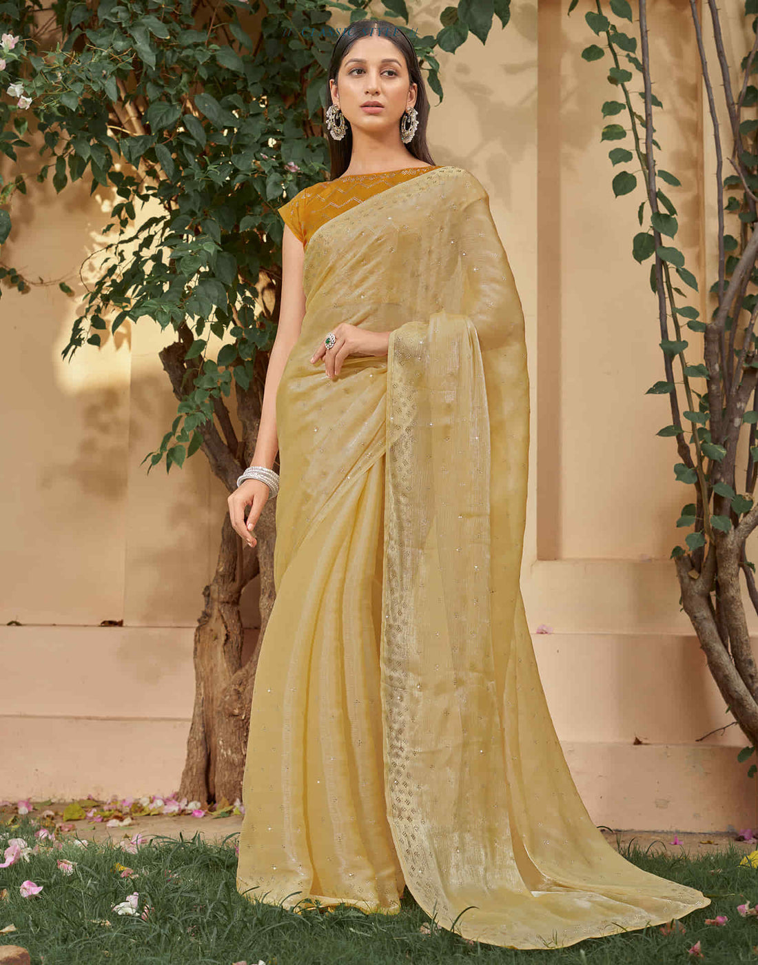 Mustard Yellow Stone Work Embellished Silk Saree