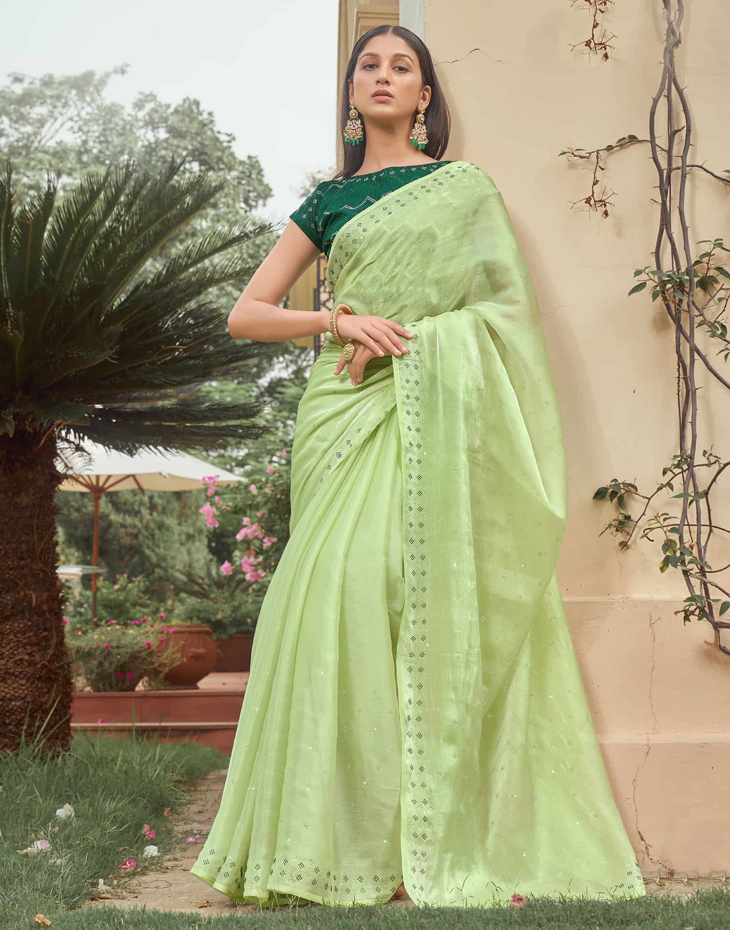 Light Green Stone Work Embellished Silk Saree