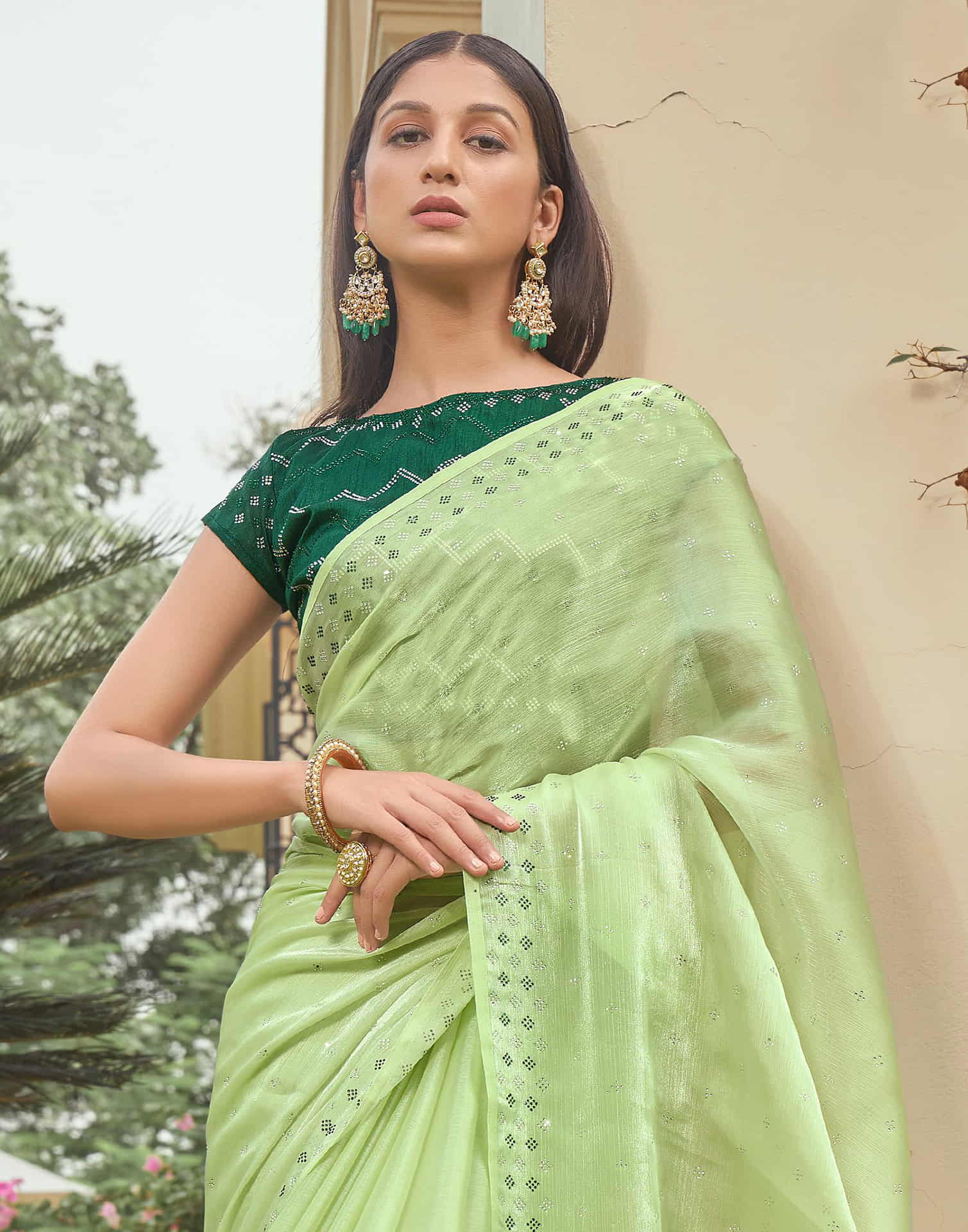 Light Green Stone Work Embellished Silk Saree