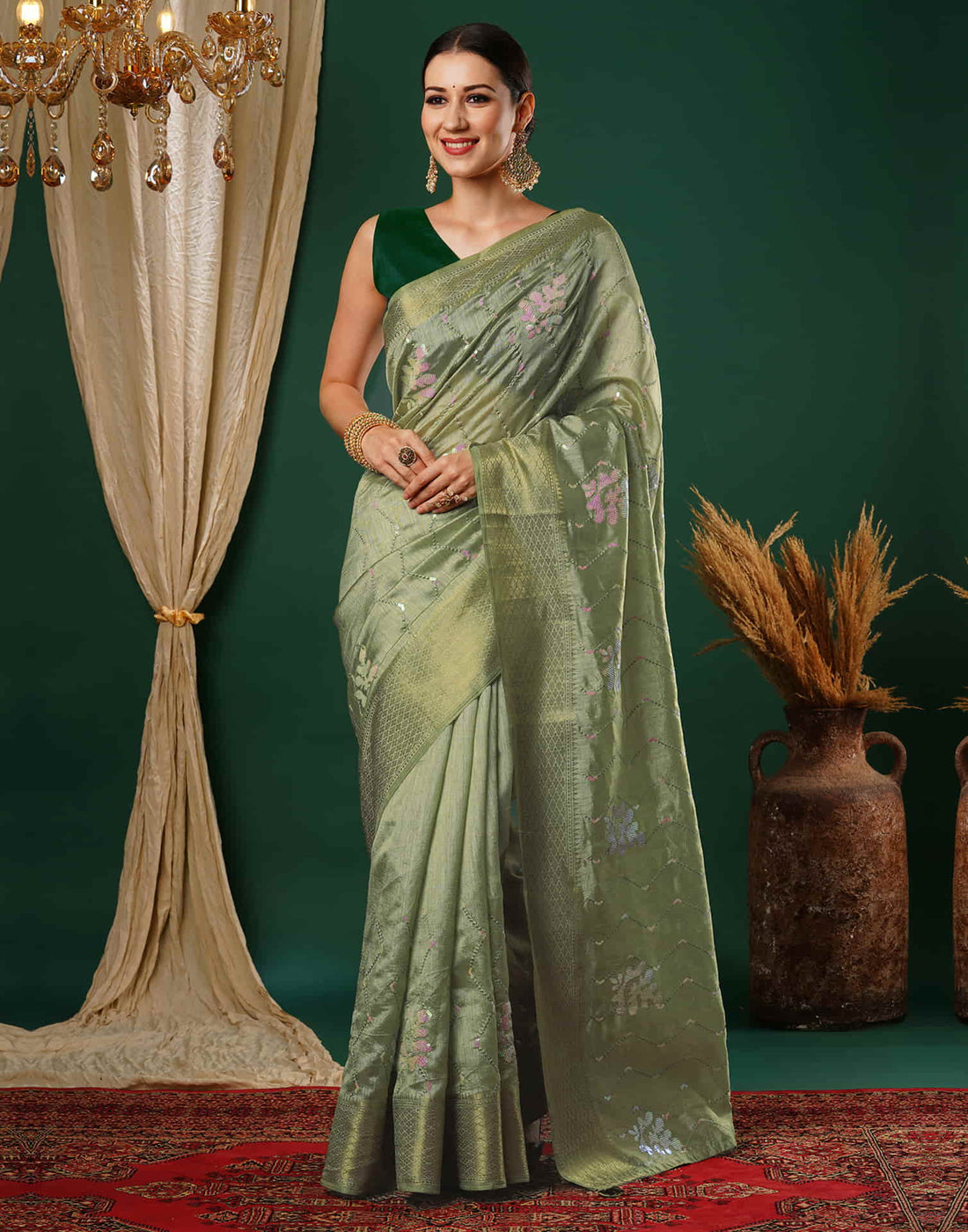 Pista Green Sequence Silk Saree