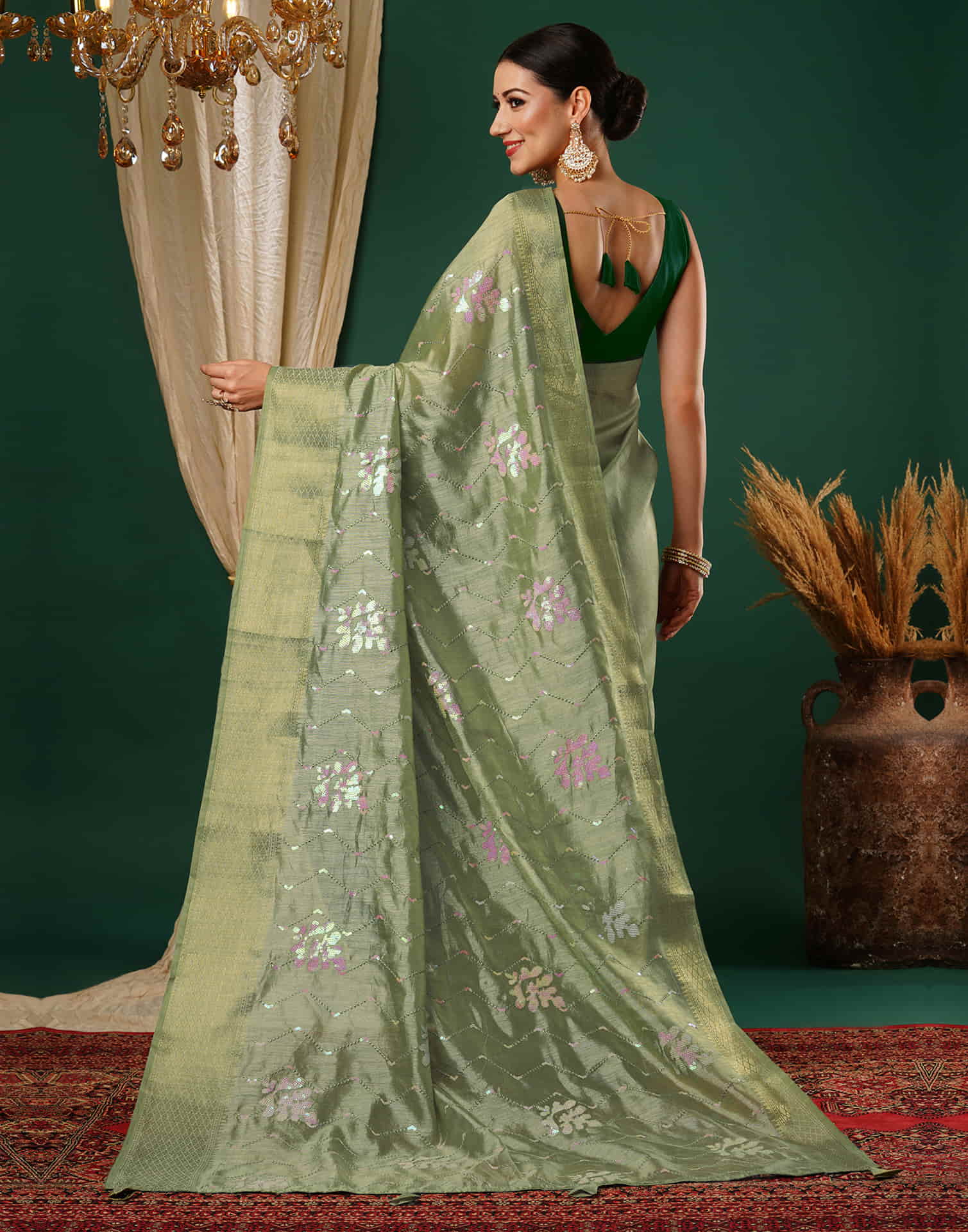 Pista Green Sequence Silk Saree