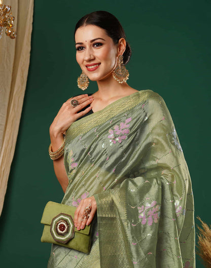 Pista Green Sequence Silk Saree