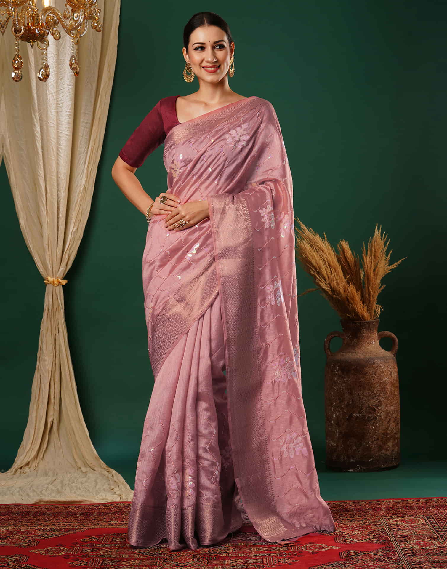 Rose Pink Sequence Silk Saree