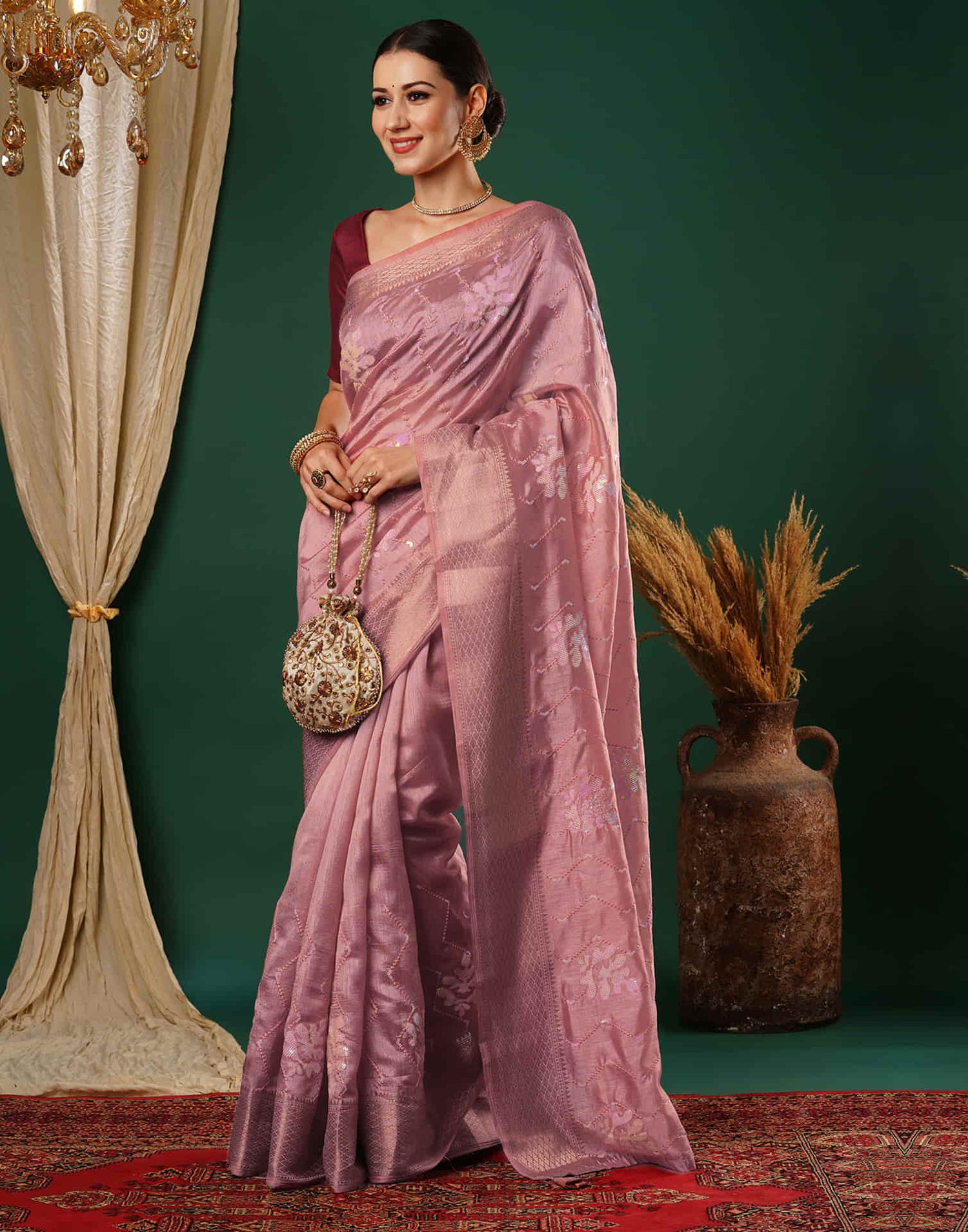 Rose Pink Sequence Silk Saree