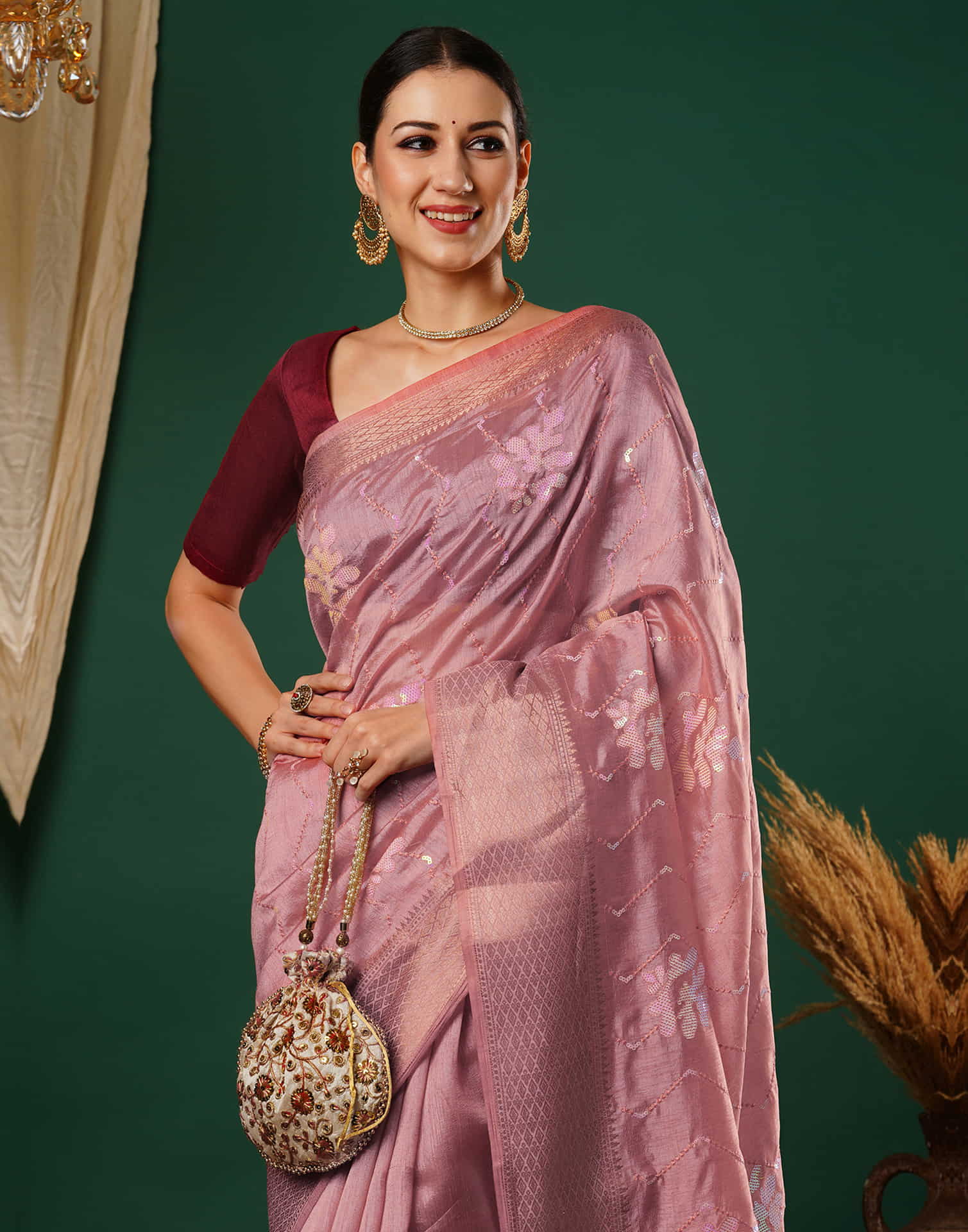 Rose Pink Sequence Silk Saree