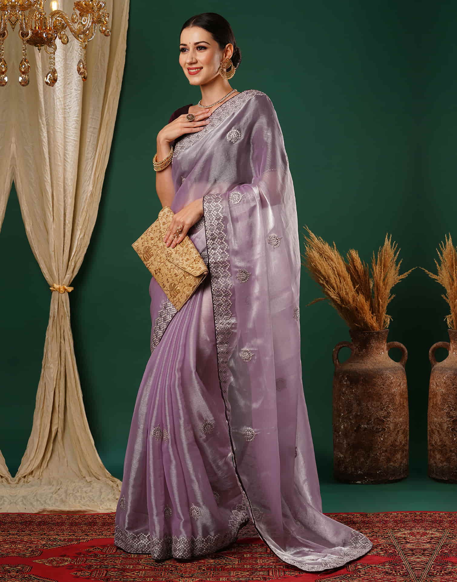 Light Purple Embroidery Silk Saree