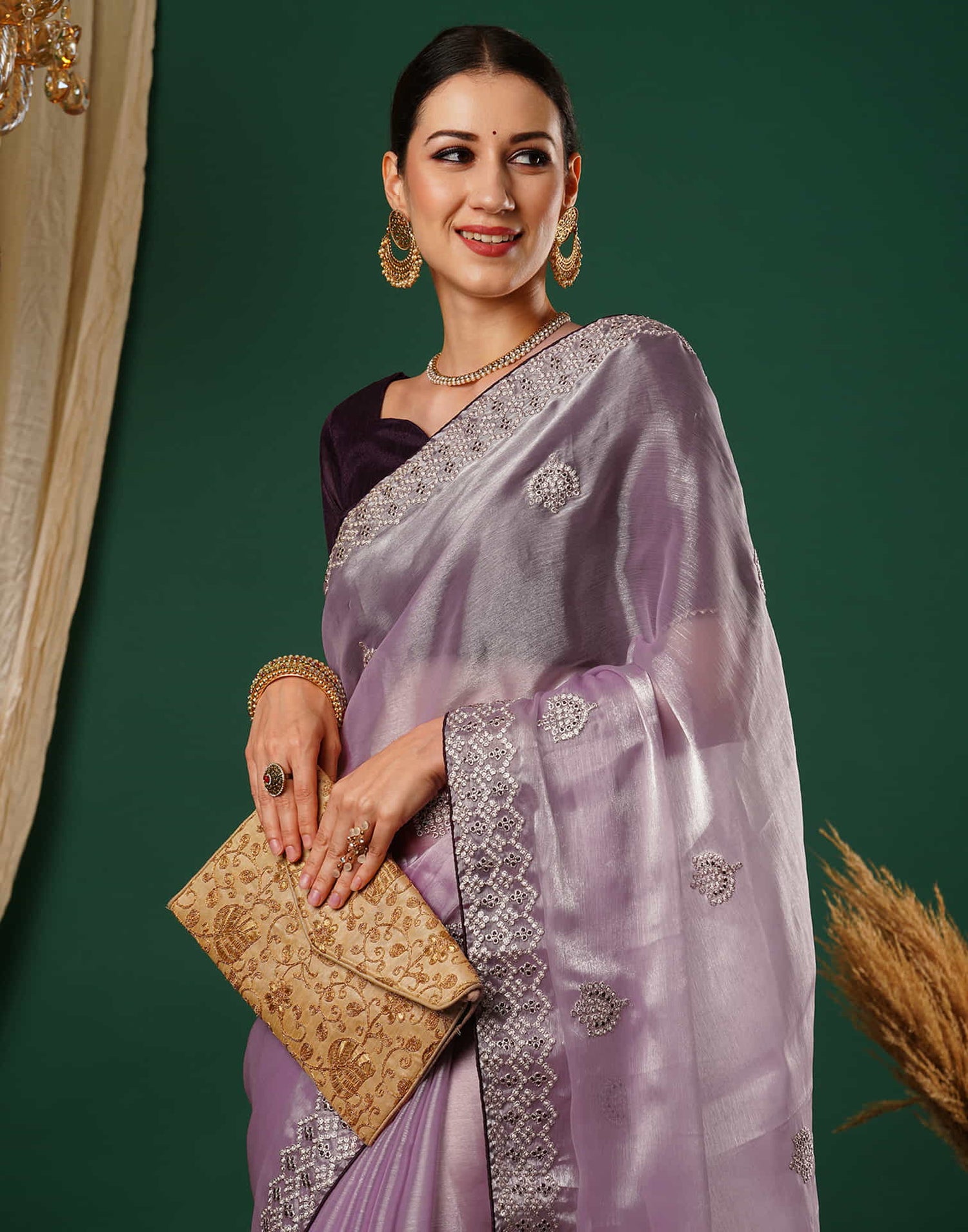 Light Purple Embroidery Silk Saree