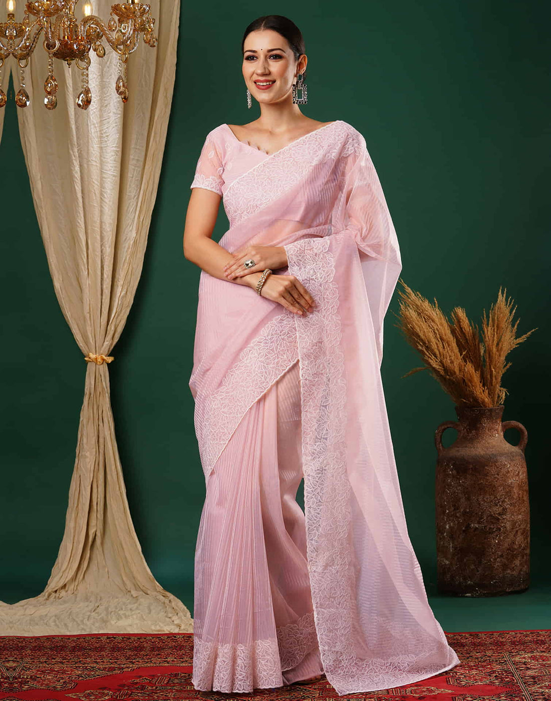 Light Pink Embroidery Net Saree