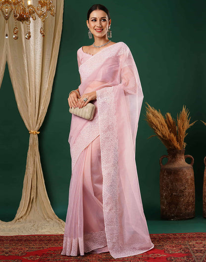 Light Pink Embroidery Net Saree