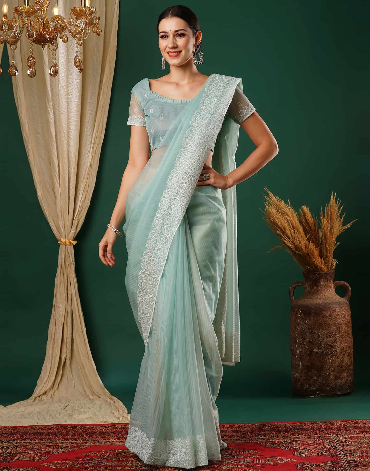 Light Turquoise Embroidery Net Saree