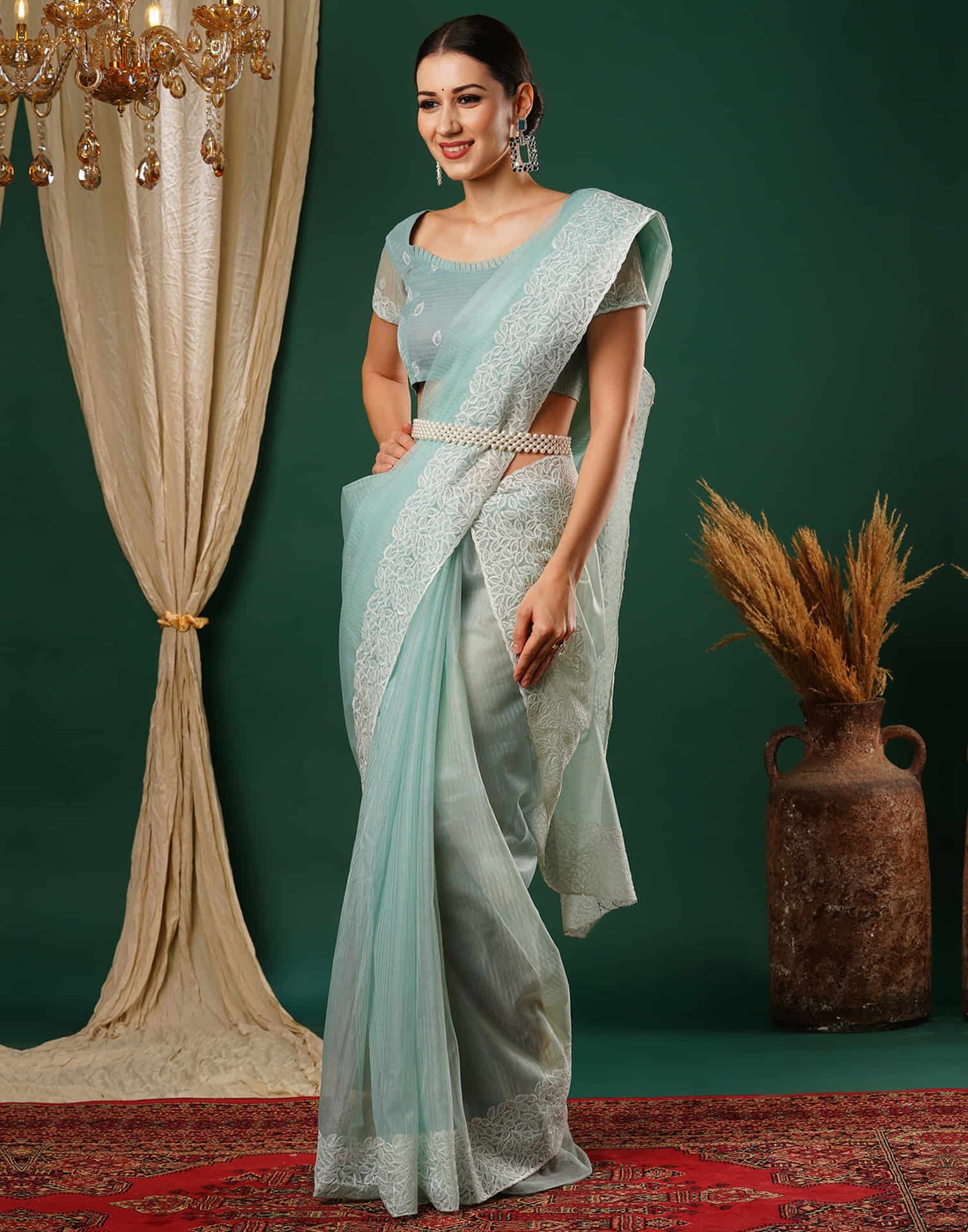 Light Turquoise Embroidery Net Saree