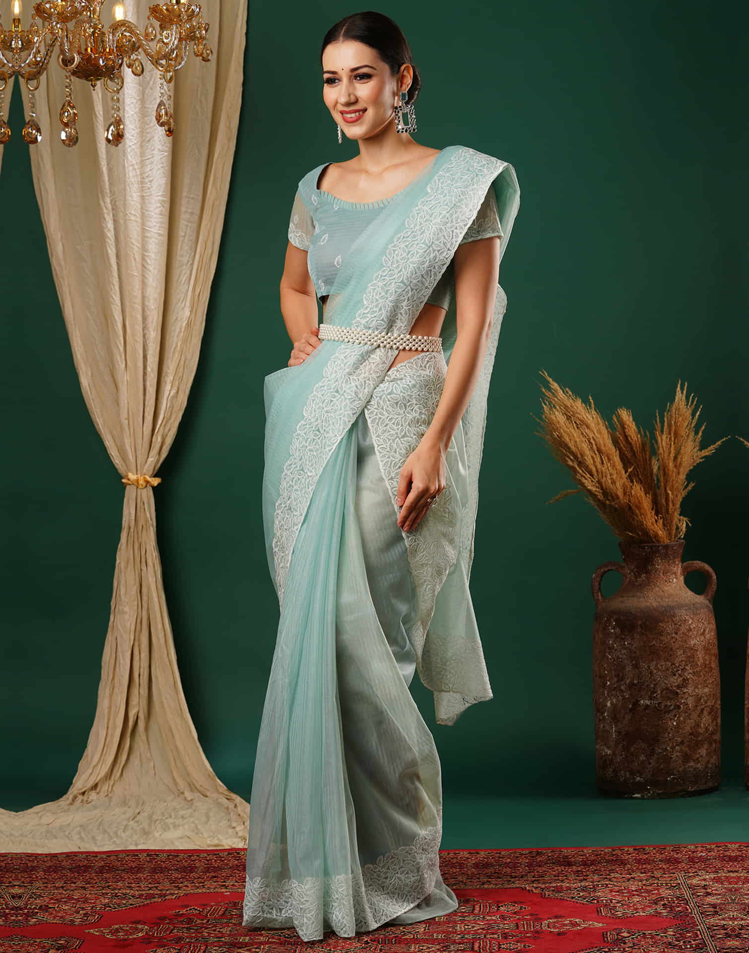 Light Turquoise Embroidery Net Saree