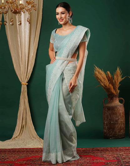 Light Turquoise Embroidery Net Saree