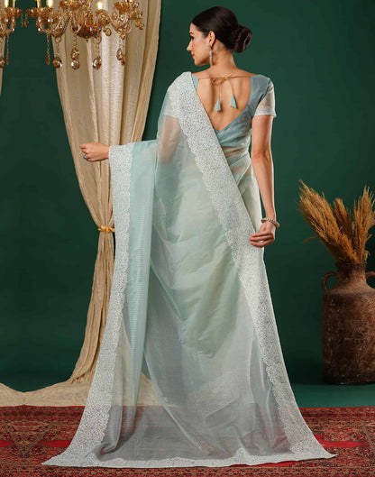 Light Turquoise Embroidery Net Saree