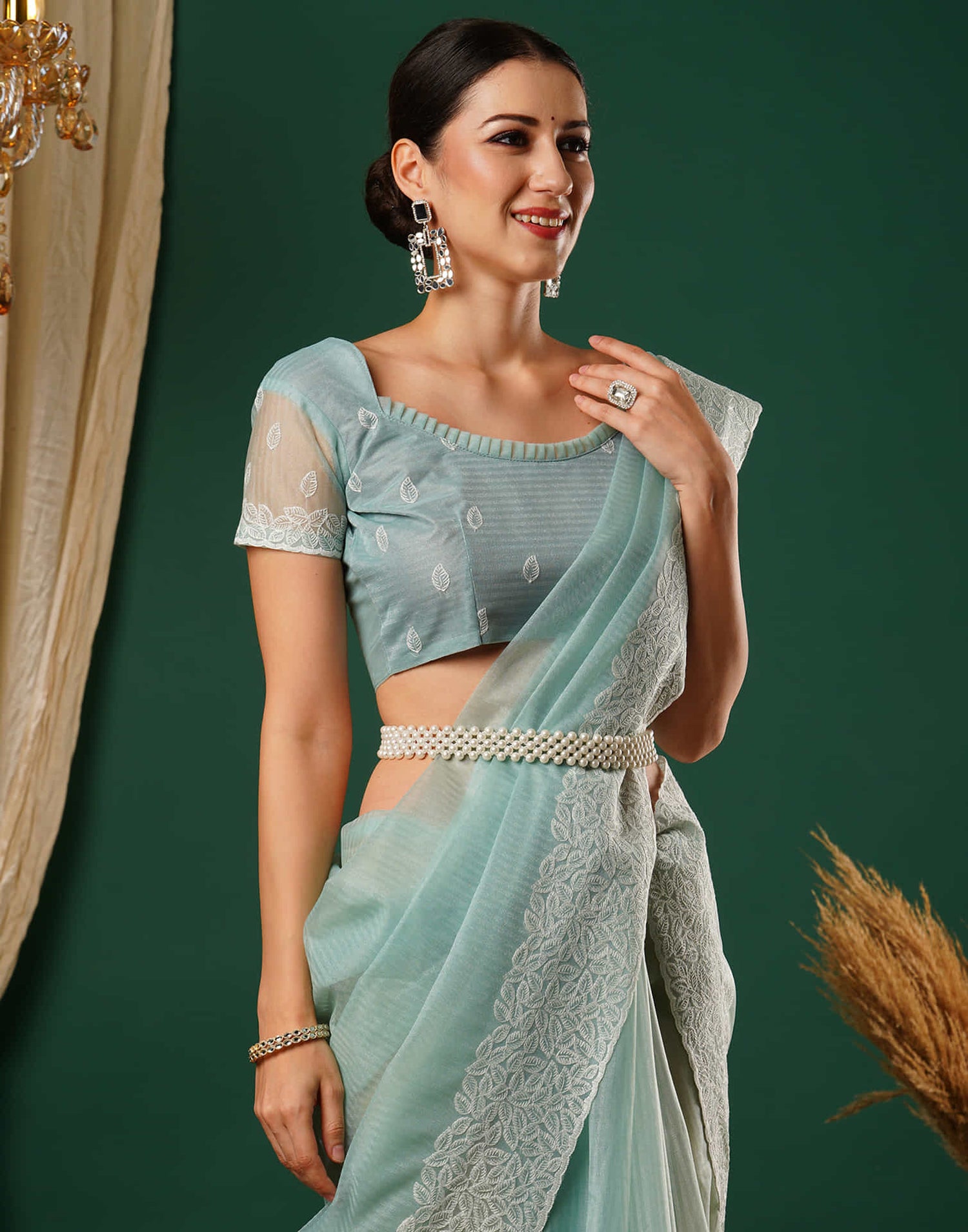 Light Turquoise Embroidery Net Saree