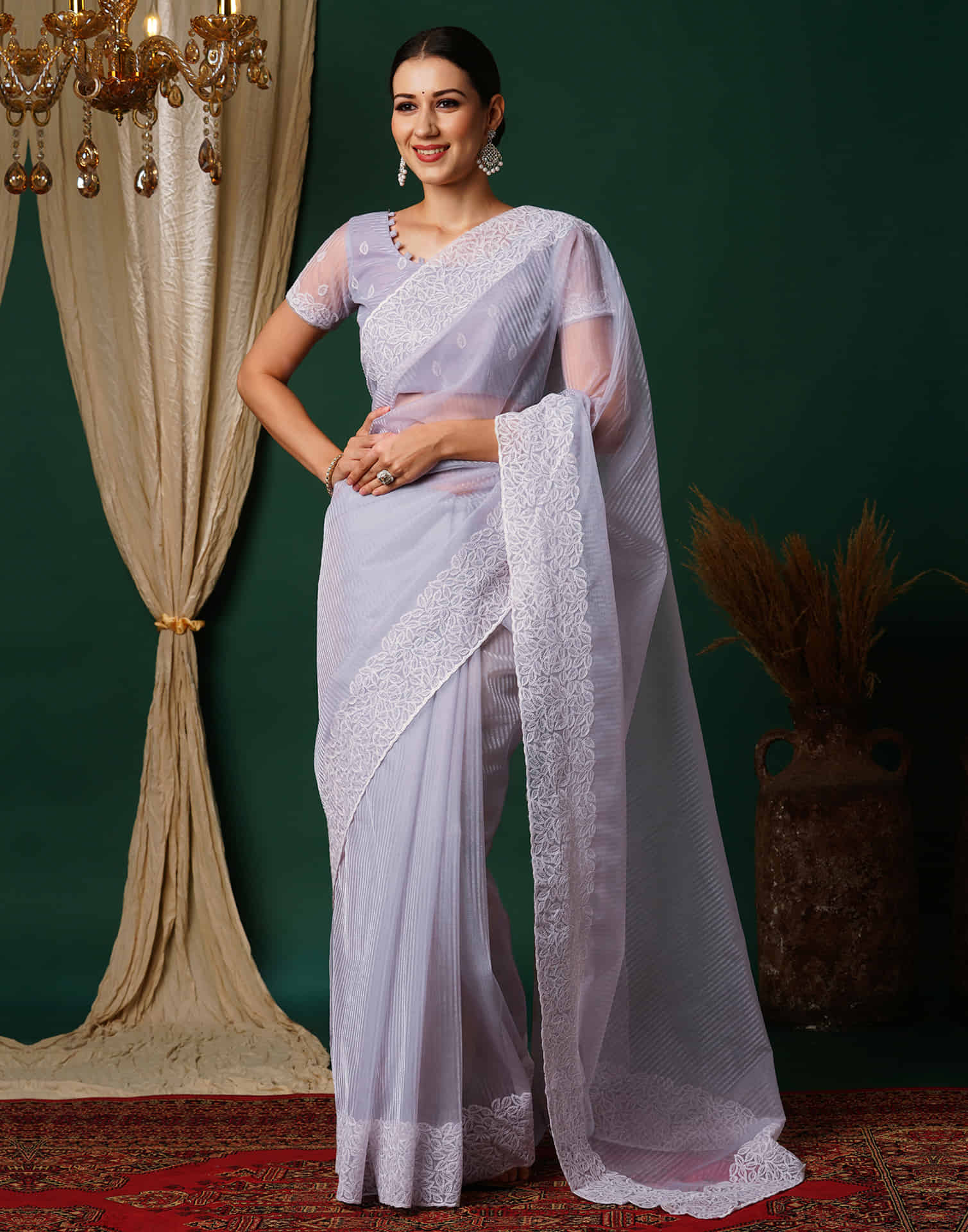 Light Lavender Embroidery Net Saree