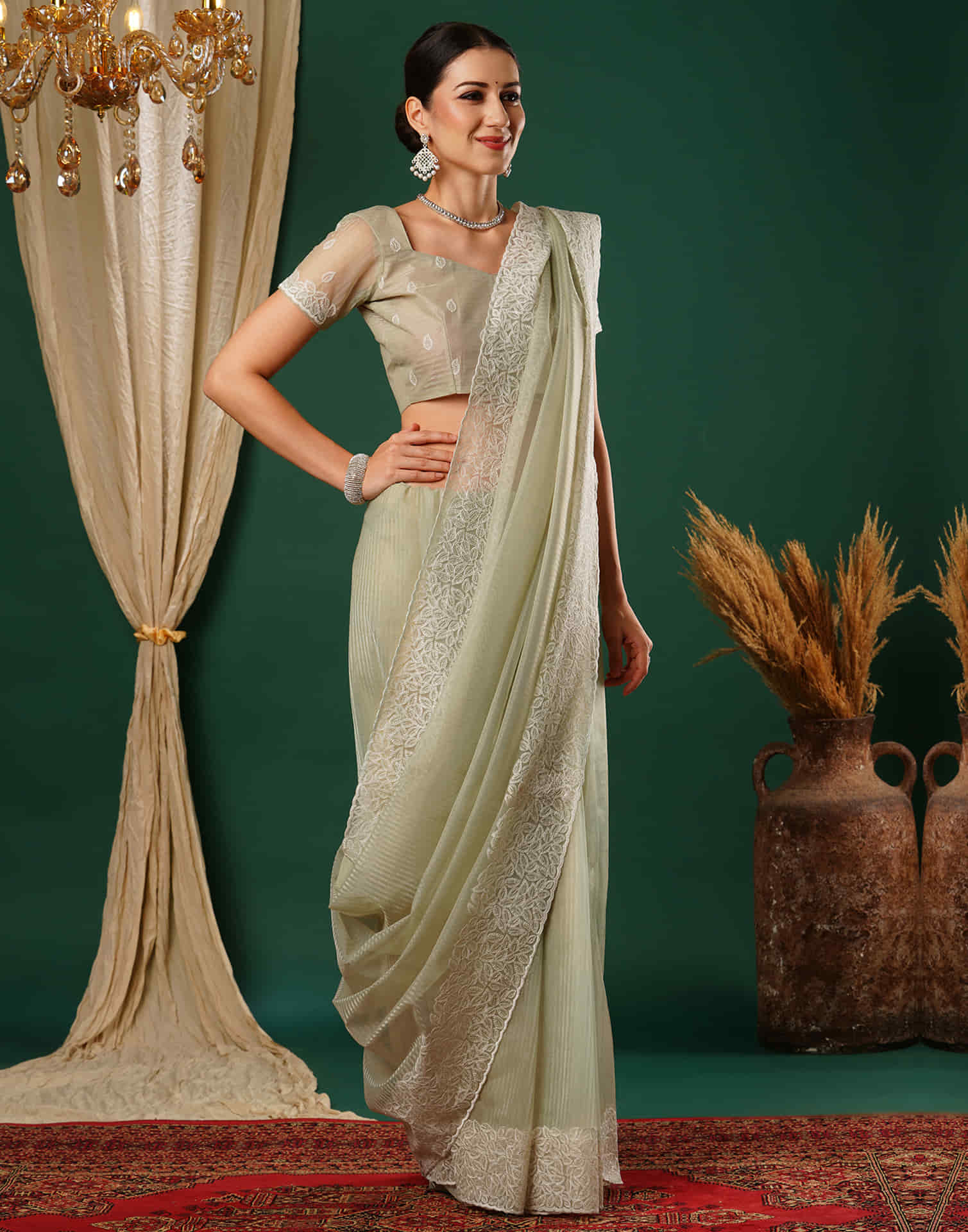 Light Pista Green Embroidery Net Saree