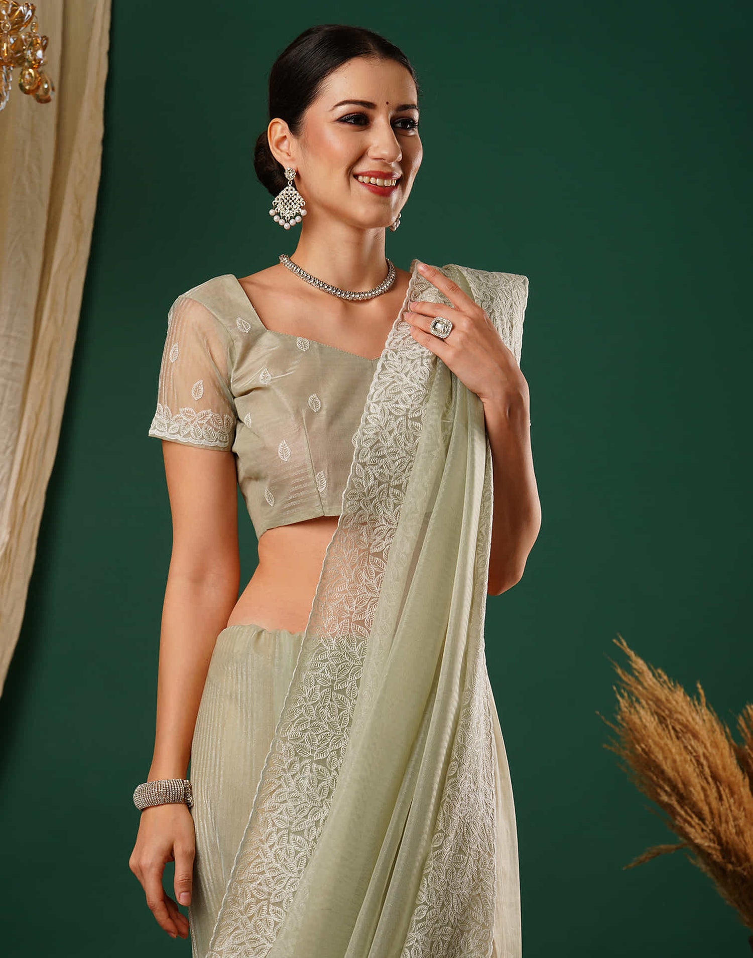 Light Pista Green Embroidery Net Saree