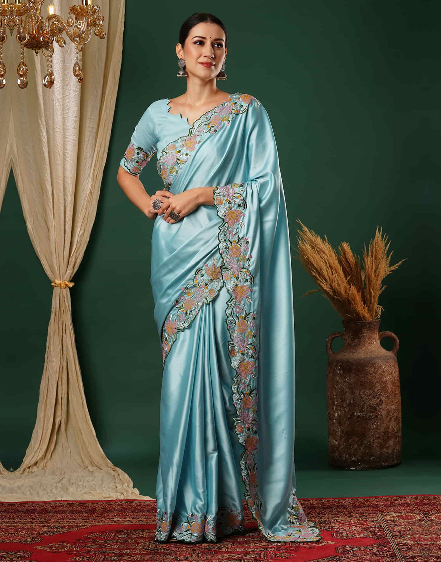 Sky Blue Embroidery Satin Saree