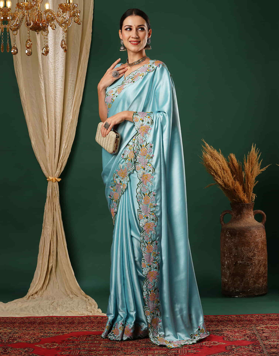 Sky Blue Embroidery Satin Saree