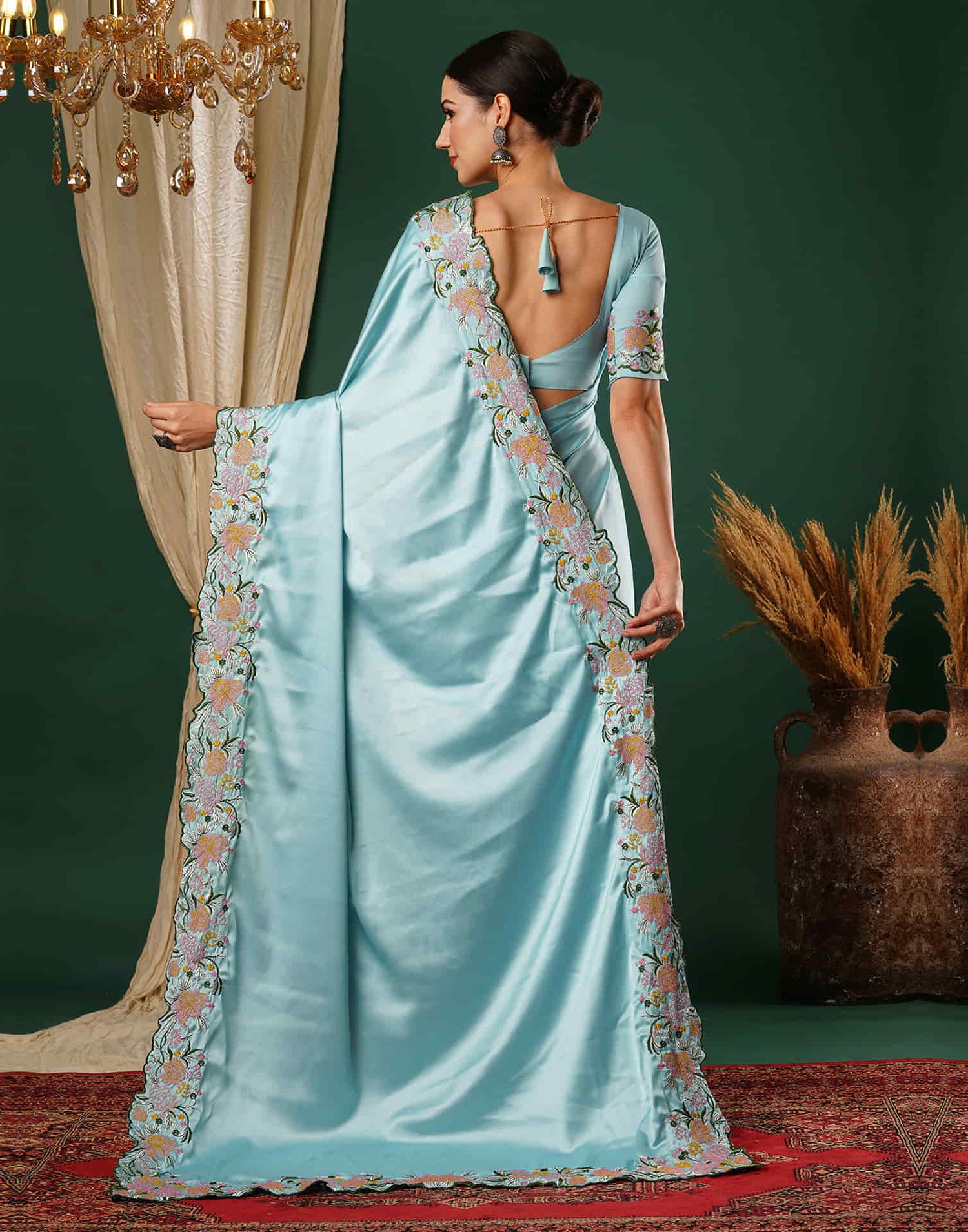 Sky Blue Embroidery Satin Saree